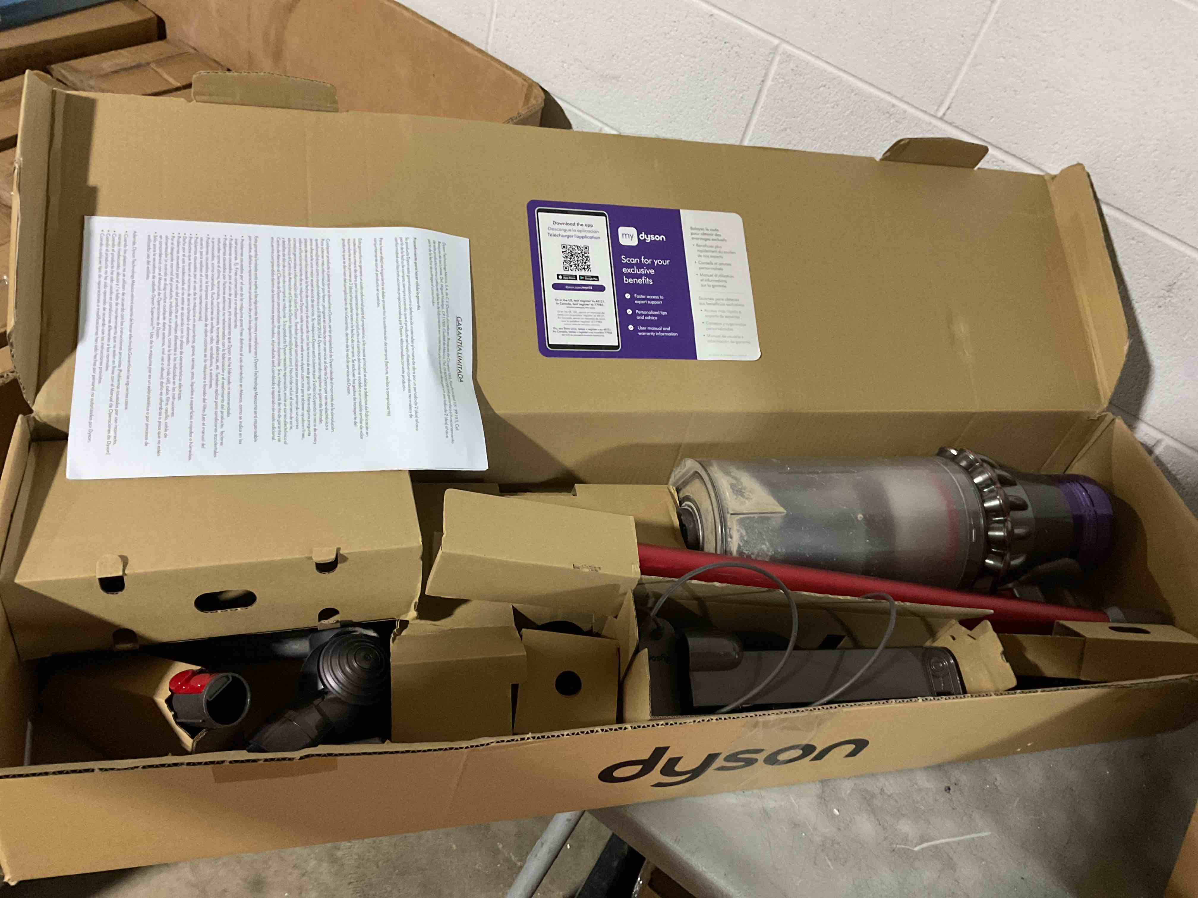 Condition photo showing As Is for dyson v15 detect plus cordless vacuum, illumination reveals dust, 240aw, 3 power modes, up to 60 minutes,² deep cleans hard floors and carpets, detangles pet hair, converts to handheld