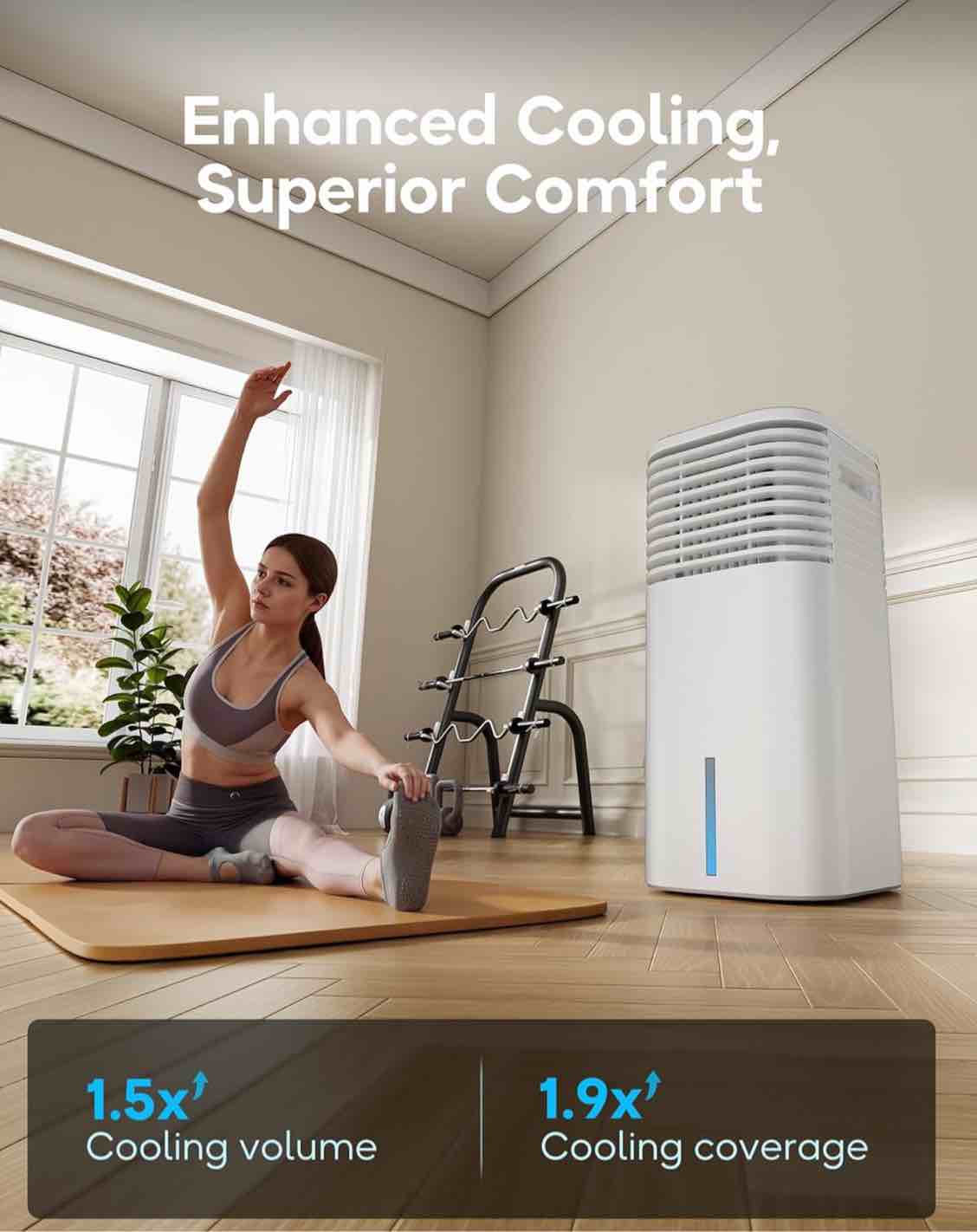 windowless portable air conditioner, 24.4" small evaporative air cooler for room no window, 3-speed settings, 4 modes, 7h timer, remote control, 4 ice packs, quiet ac unit for bedroom, white