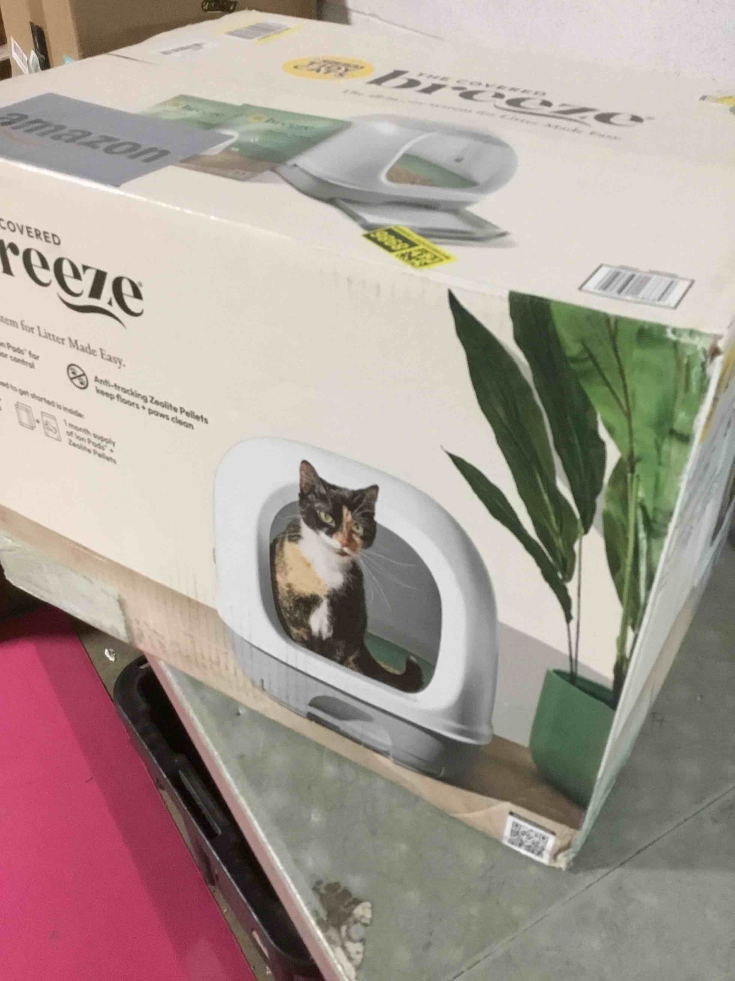 Condition photo showing As Is for purina tidy cats breeze covered cat litter box system kit with pellet cat litter, hooded litter box, and litter box pads