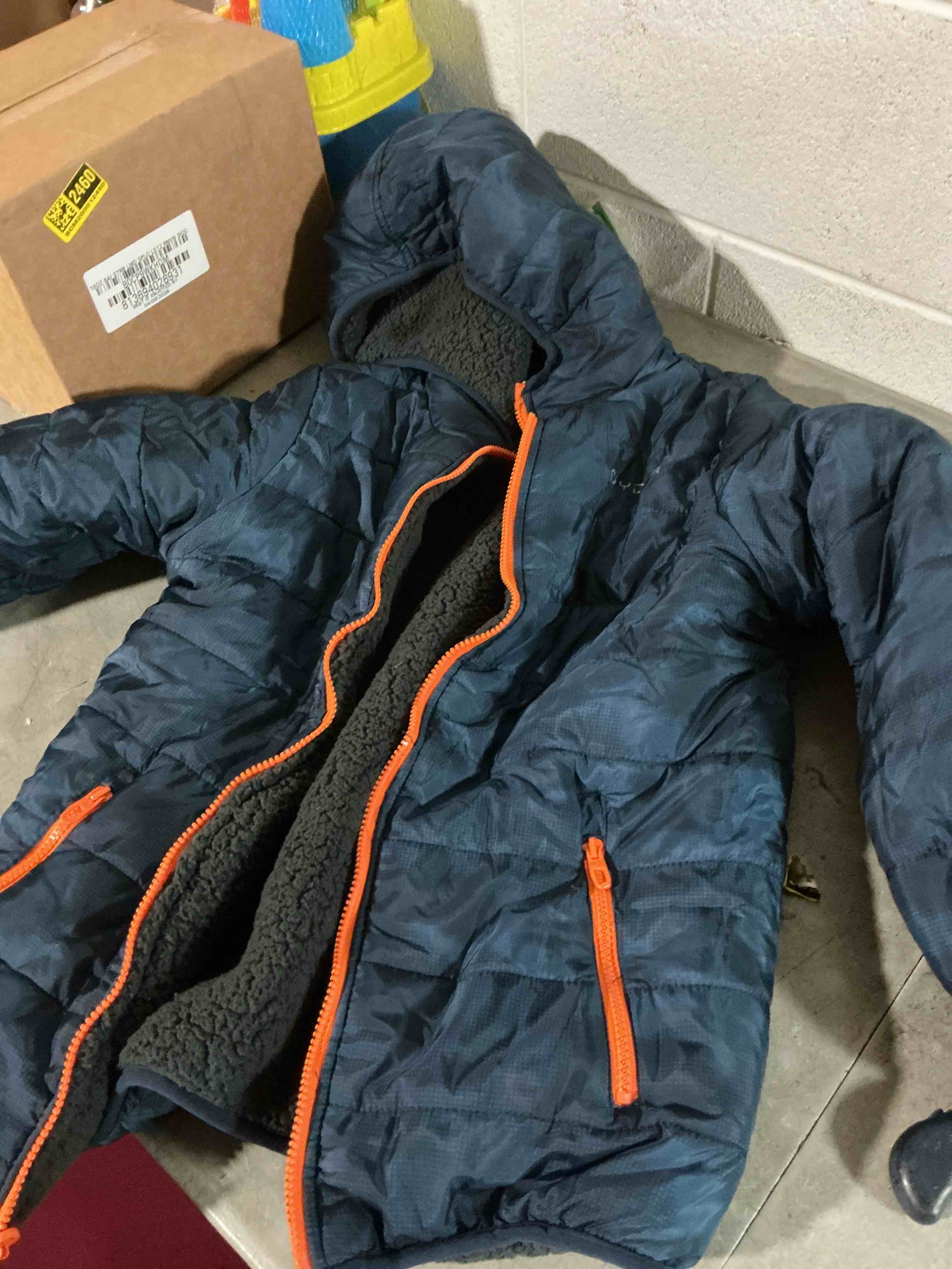 Condition photo showing As Is for spyder reversible boys puffer jacket - fleece lined puffer coat with hood, sherpa winter kids outerwear, sizes 4-20