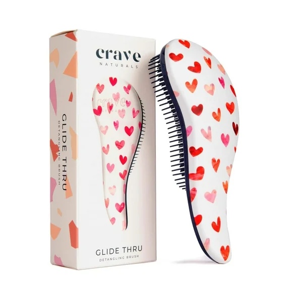 Glide Thru Detangling Brush by Crave Naturals - Tangle-Free Hairbrush for Curly and Straight Hair - Gentle Detangler for Kids, Teens, and Adults - Wet and Dry Hair Care - Travel-Friendly,  Pink Hearts.