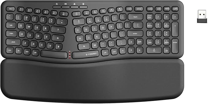 E-YOOSO Ergonomic Wireless Keyboard, Computer Keyboard with Detachable Wrist Rest, Split Design, Multimedia Hotkeys, 2.4GHz Ergo Cordless Keyboard for Laptop, PC, Mac, Windows