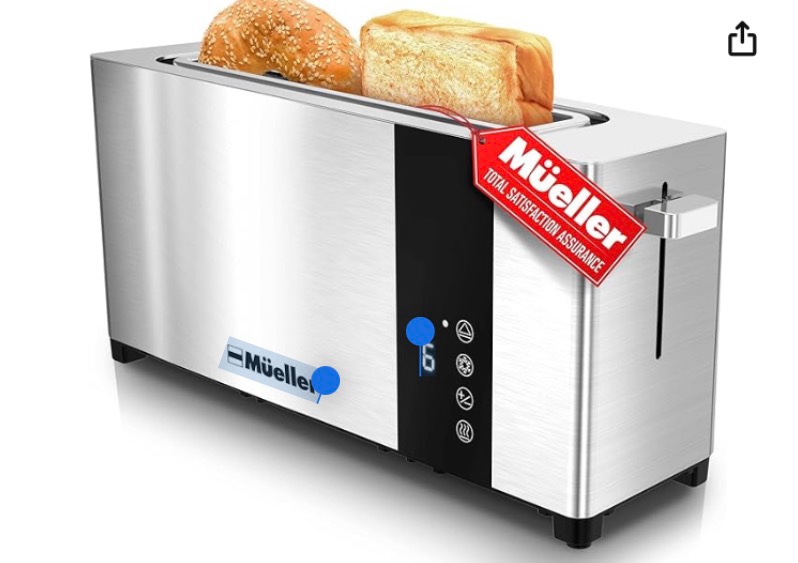 Mueller UltraToast Full Stainless Steel Toaster 2 Slice, Long Extra-Wide Slots with Removable Tray, Cancel/Defrost/Reheat Functions, 6 Browning Levels with LED Display, Housewarming Gifts New Home