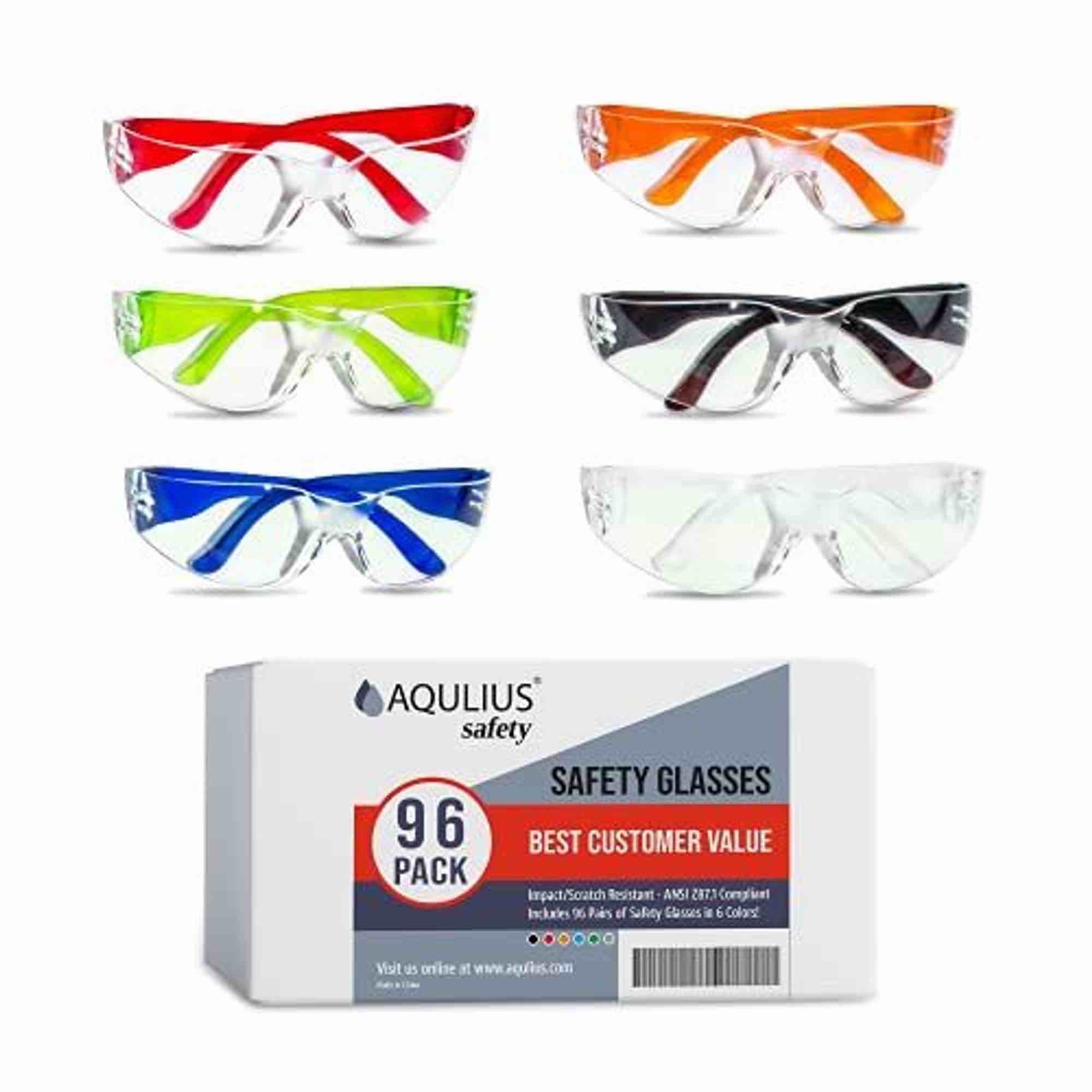Aqulius Safety Glasses Bulk - 96-Pack, Multi-Color - Anti-Fog Safety Goggles & Protective Eyewear - 