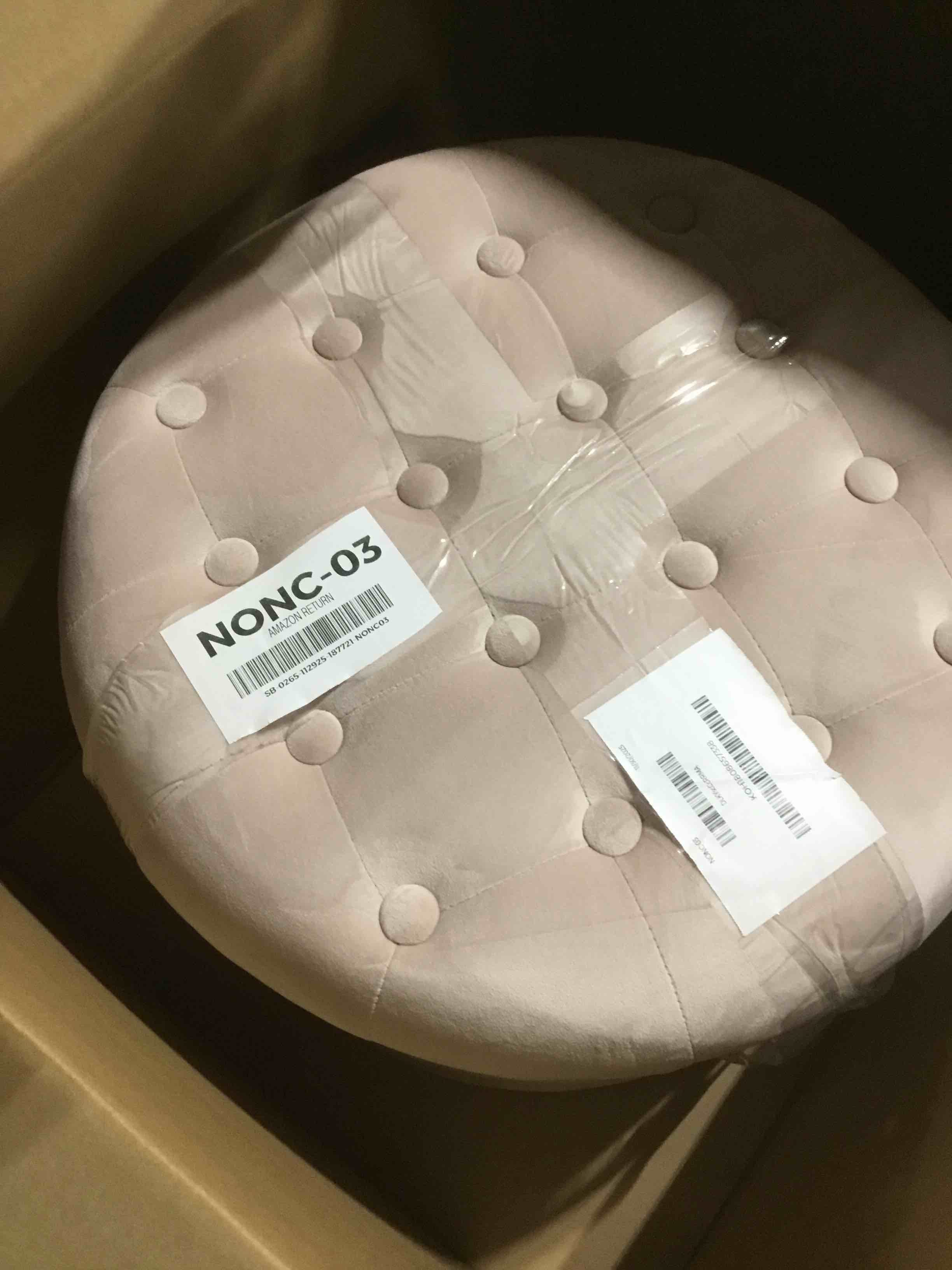 Condition photo showing Good Condition for Homepop Home Decor | Upholstered Round Velvet Tufted Foot Rest Ottoman | Ottoman with Storage for Living Room & Bedroom | Decorative Home Furniture, Pink Blush Small