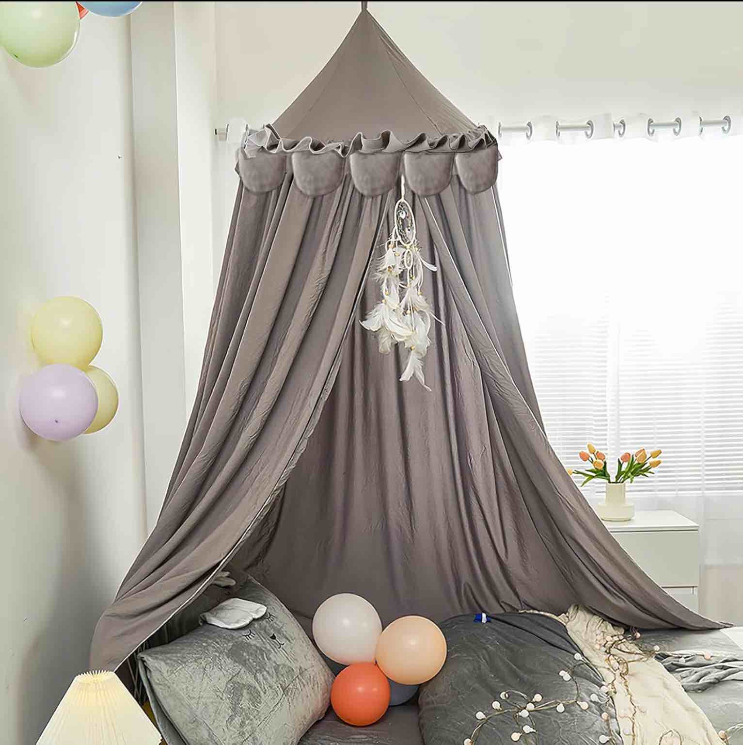 Princess Bed Canopy for Girls, Extra Large Hanging Canopy for Bed, Dreamy Play Tent for Girls Room Bedroom Decoration, Breathable Canopy Bed Curtain for Children Reading Nook - Ruffle Gray Gray Ruffle