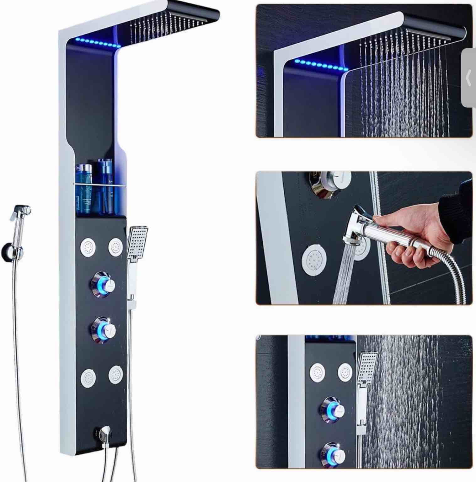 ELLO&ALLO LED Rainfall Waterfall Shower Head Rain Massage System with Body Jets & Hand Shower Stainless Steel Bathroom Shower Panel Tower System, Black and Silver