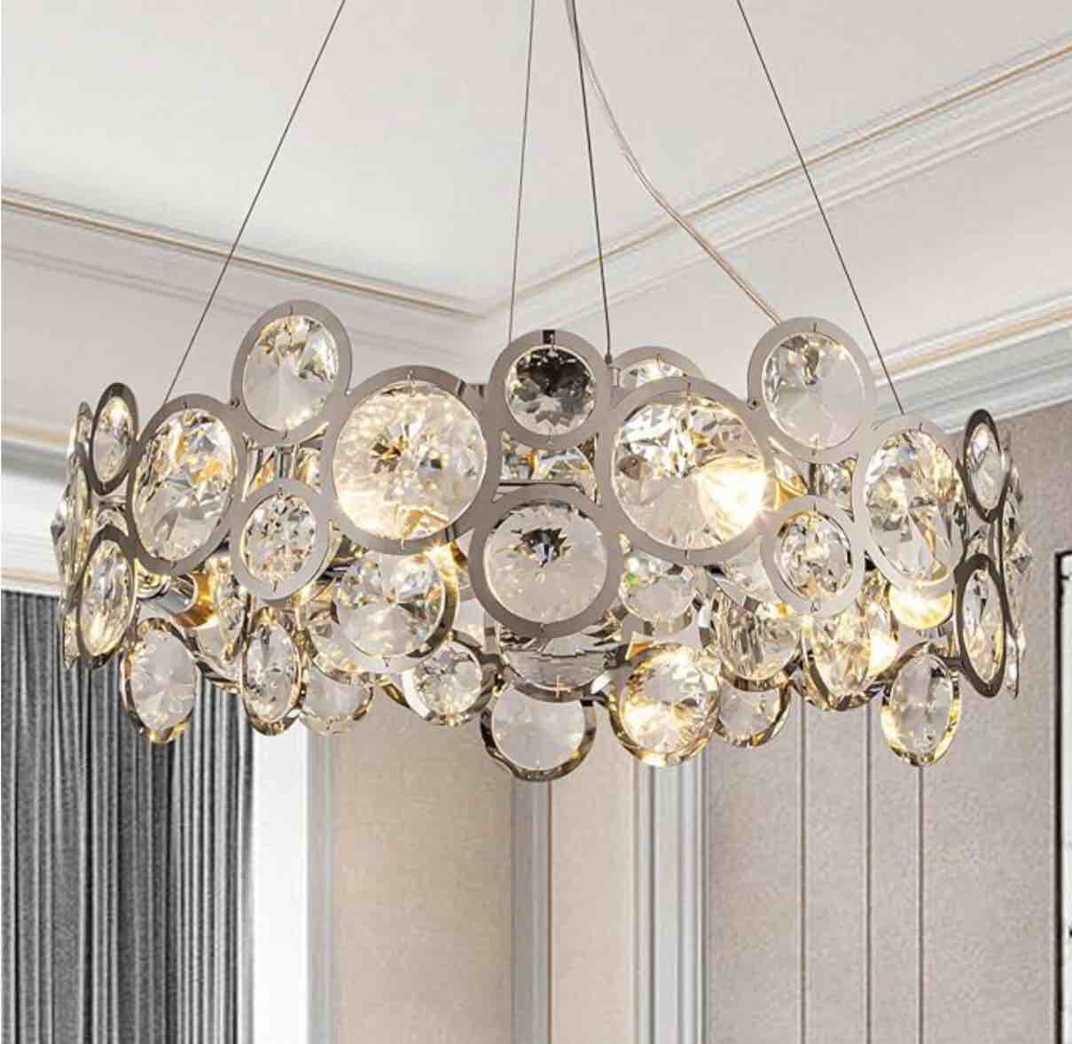 Modern chromed stainless steel crystal round opal crystal pendant ceiling lamp for dining room, living room, kitchen island on table D22