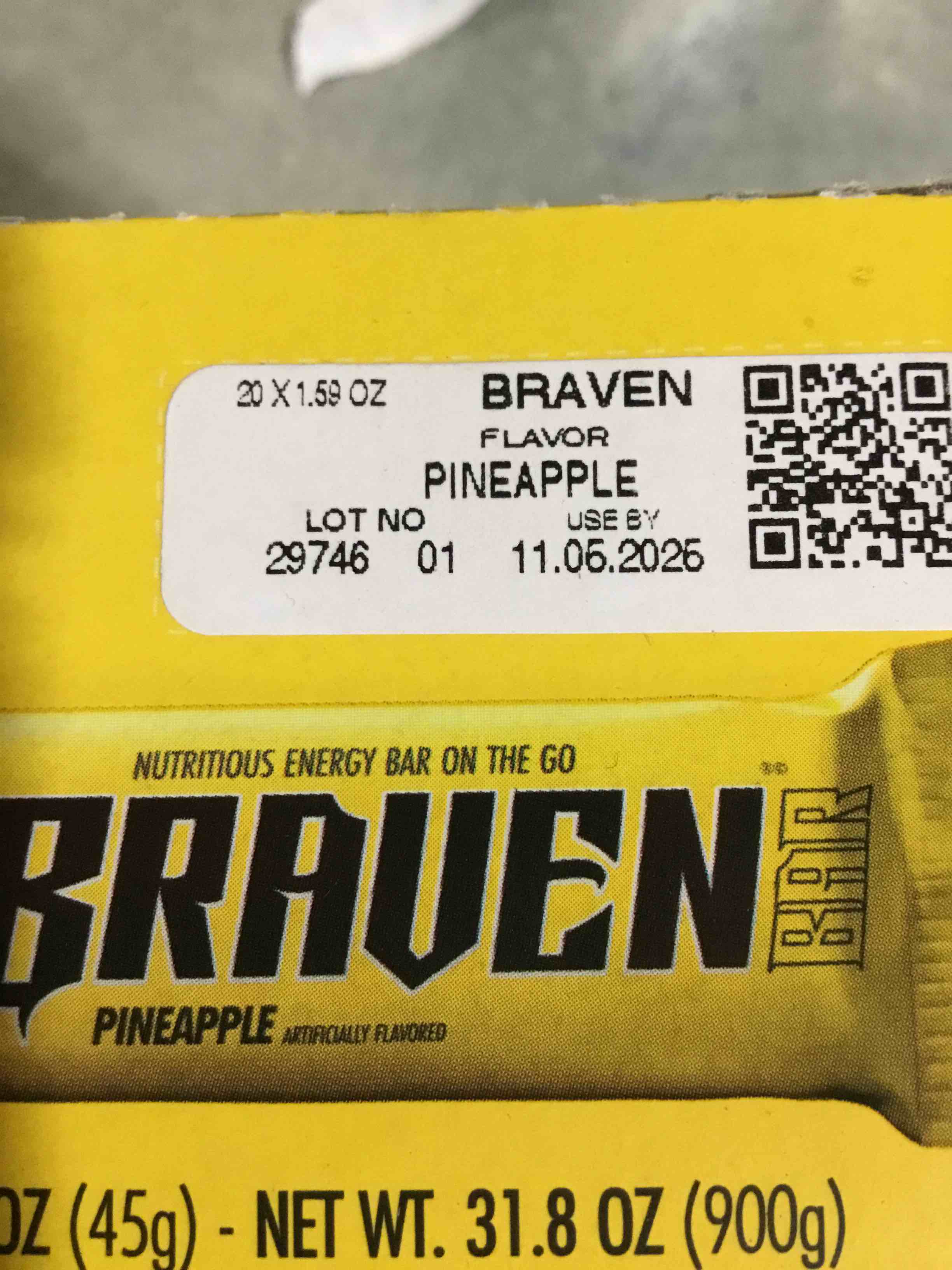 Condition photo showing Brand New for Pack of 20 BRAVEN Pineapple Energy Bars, (BB 11/06/2025) 1.59oz Gluten Free Bar
