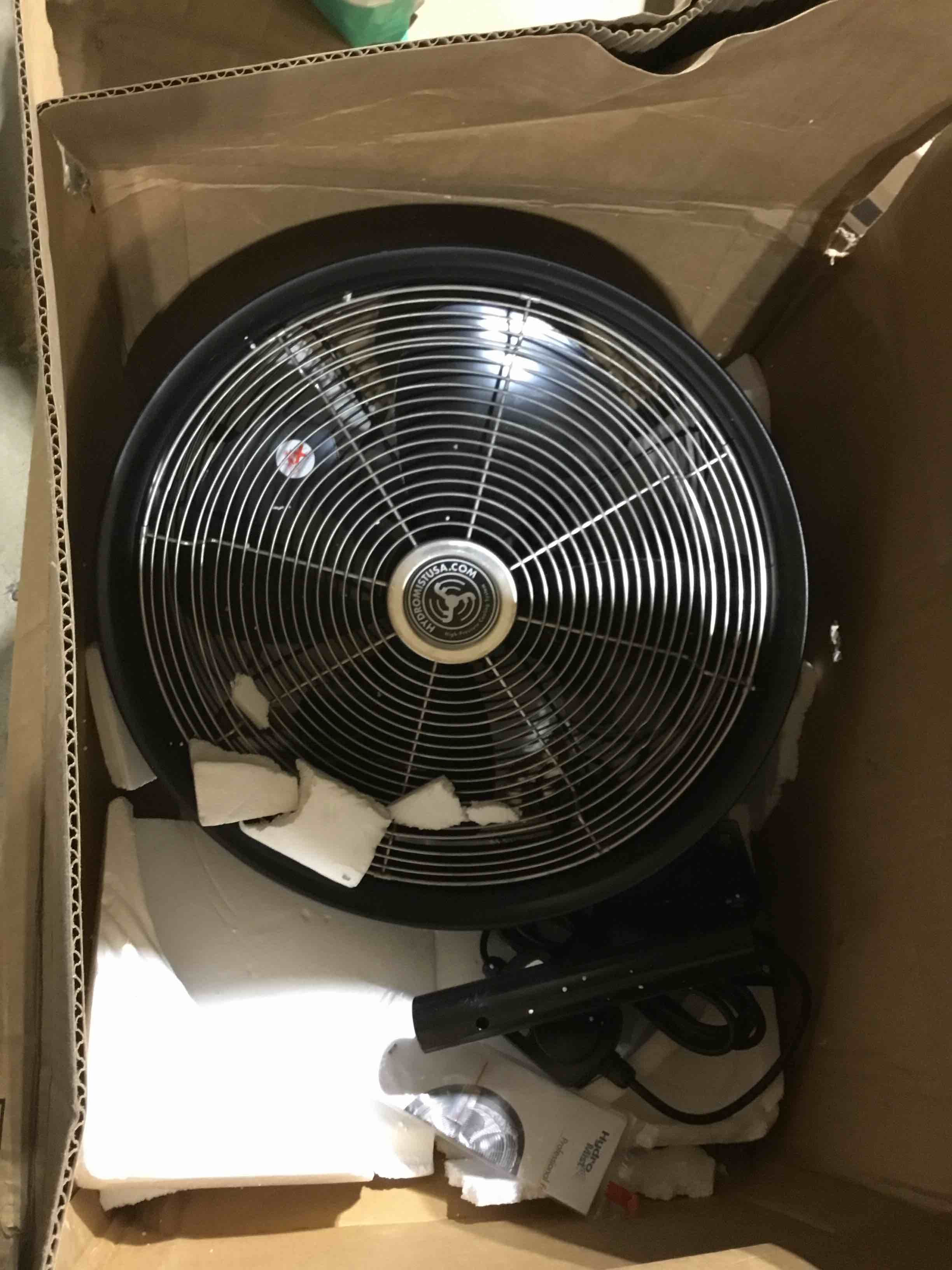 Condition photo showing As Is for HydroMist F10-14-011 18 Inch Mounting Bracket Outdoor Oscillating Fan, Black 18 inch Black