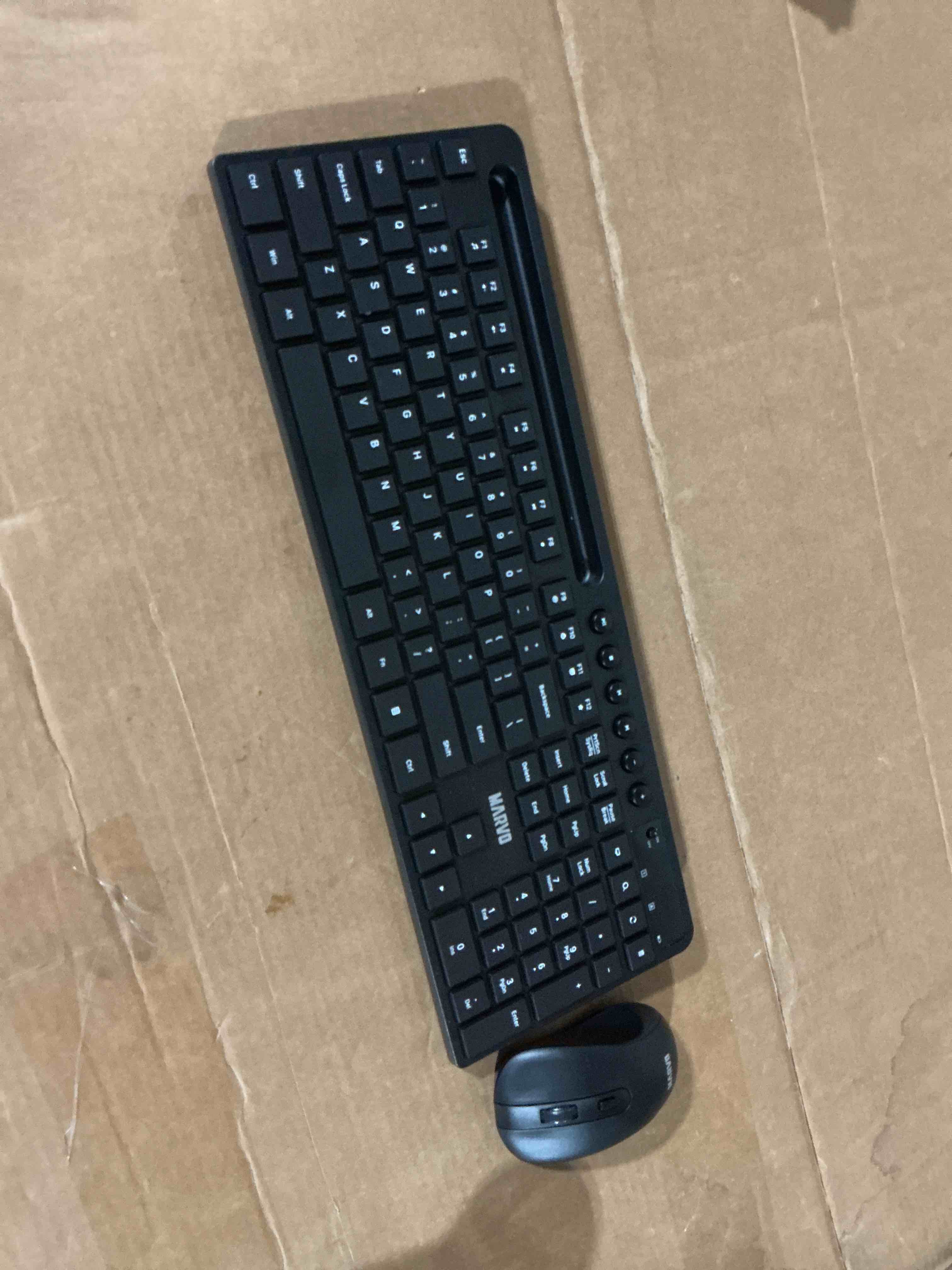 Condition photo showing As Is for wireless keyboard and mouse combo, marvo 2.4g ergonomic wireless computer keyboard with phone tablet holder, silent mouse with 6 button, compatible with macbook, windows (black)