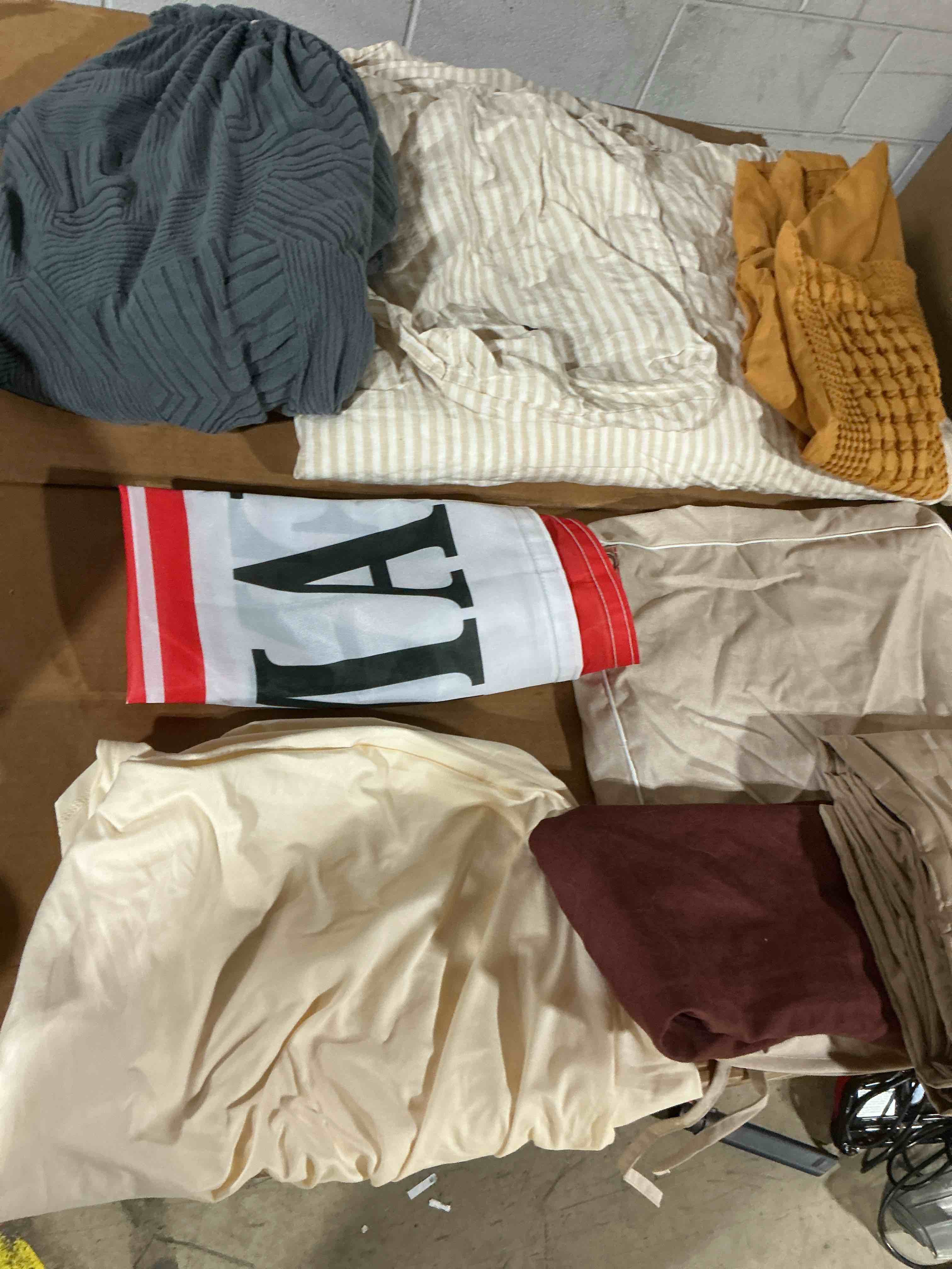 Condition photo showing As Is for 8-pieces assorted home items, includes: sheets, chair covers,cushion cover and more (see additional pictures