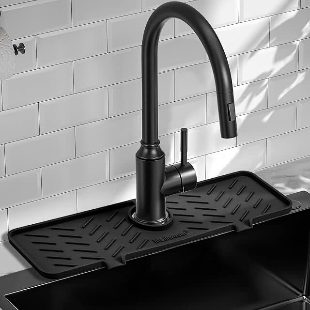 18 inch silicone faucet mat for kitchen sink splash guard – 2025 upgraded draining mat with water tray behind faucet – countertop protectors to catch spills (black, 17.7" x 5.5" )