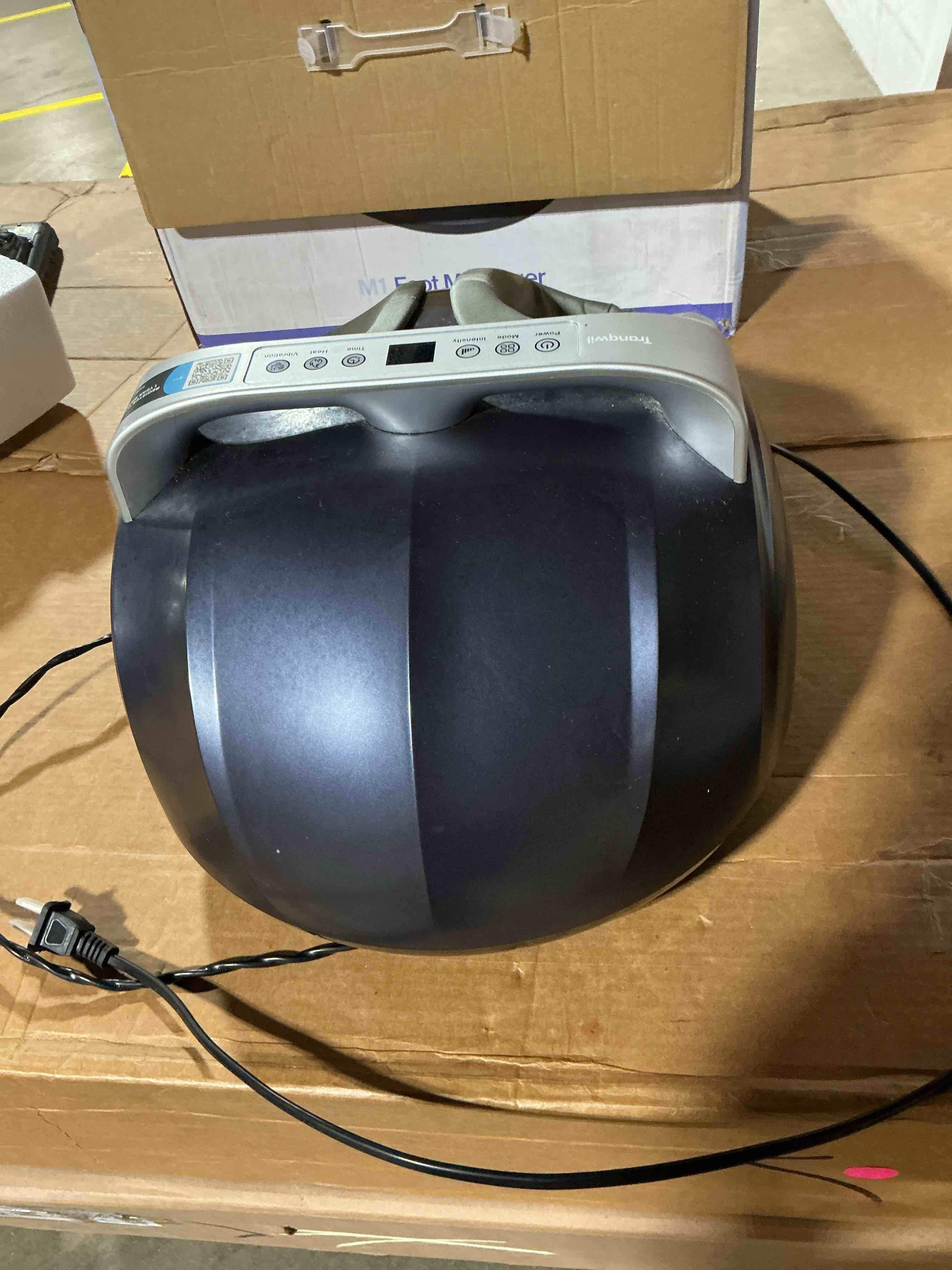Condition photo showing As Is for tranqwil foot massager machine with deep tissue massage heat, blood flow, vibration, and compression, relief for neuropathy, diabetics, and plantar fasciitis, up to size 11 (blue) (renewed)