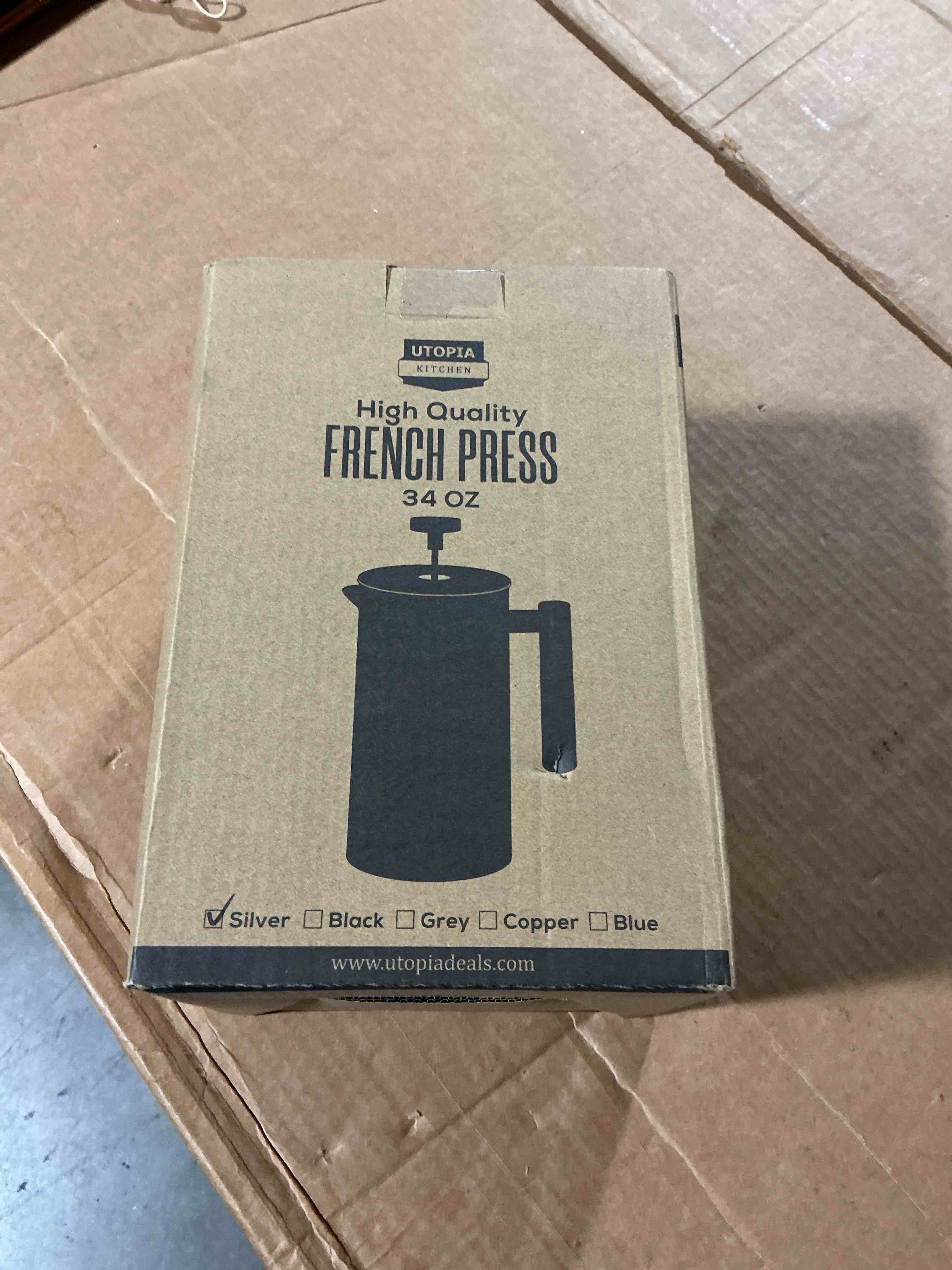 Condition photo showing New/Like New for utopia kitchen 304 grade stainless steel french press coffee maker 34 oz, double wall insulated coffee press with 4-level filtration system, include 2 extra filters, rust-free, dishwasher safe, silver silver 34 ounce
