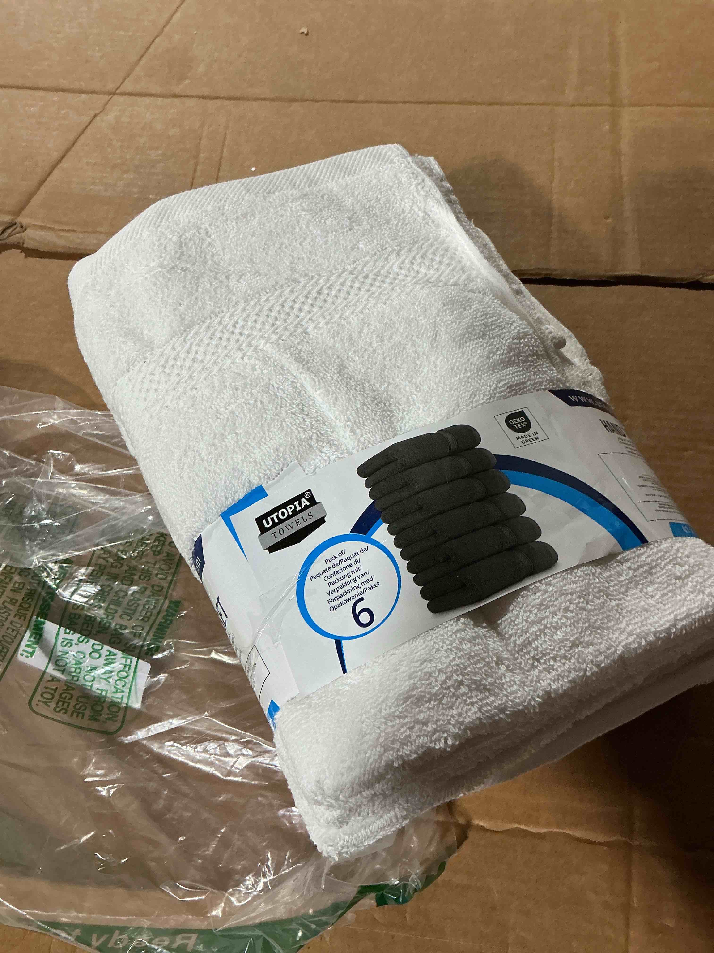 Condition photo showing New/Like New for utopia towels 6 pack premium hand towels set, 16 by 28 inches, 100% ring spun cotton, ultra soft and highly absorbent 600gsm towels for bathroom, gym, shower, hotel, and spa, white