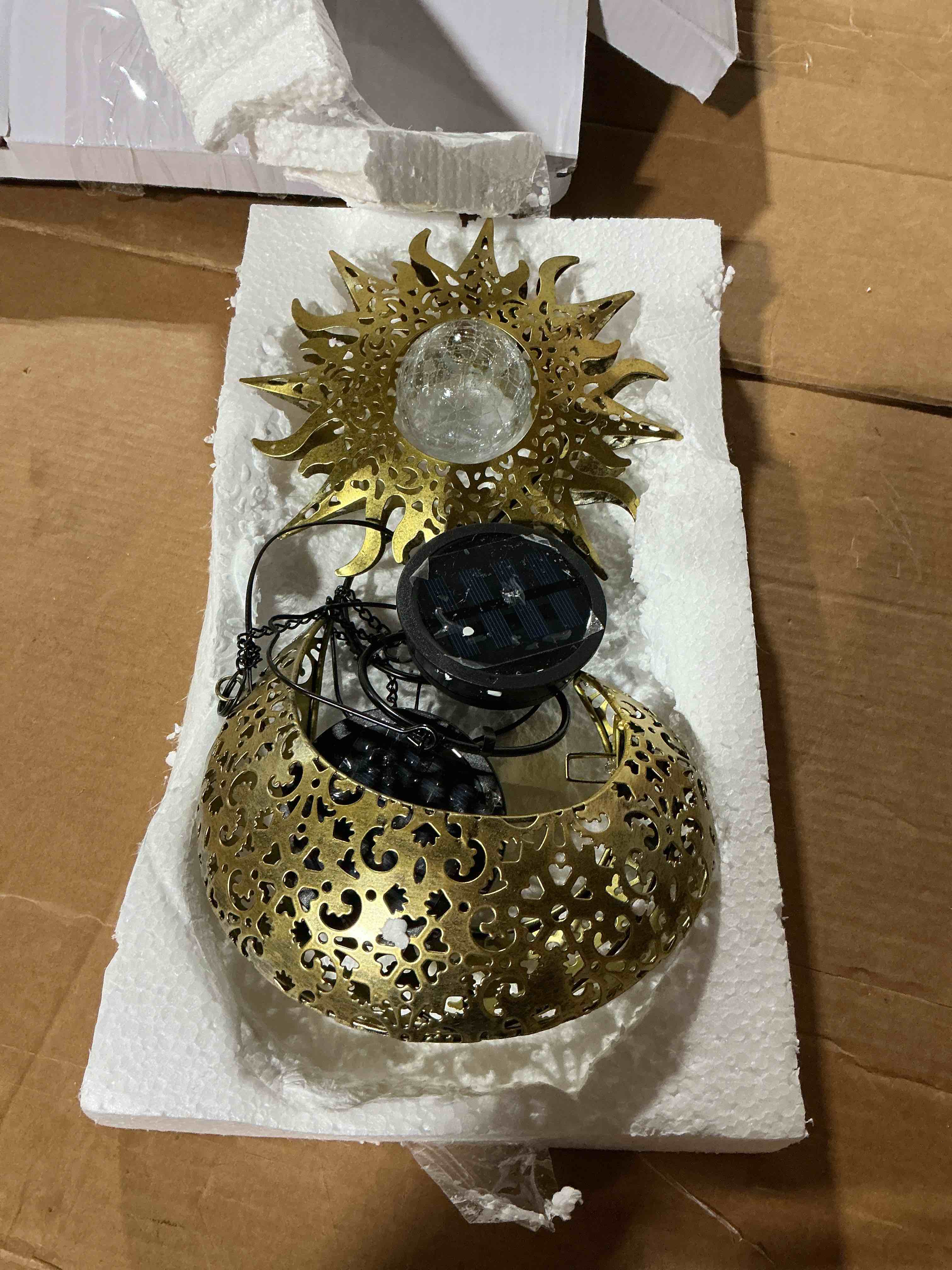 Condition photo showing As Is for solar hanging sun and moon lights garden outside decor,2 pack metal lanterns outdoor sunflower art decorations for porch backyard patio wall tree,unique gardening gifts for women mom grandma