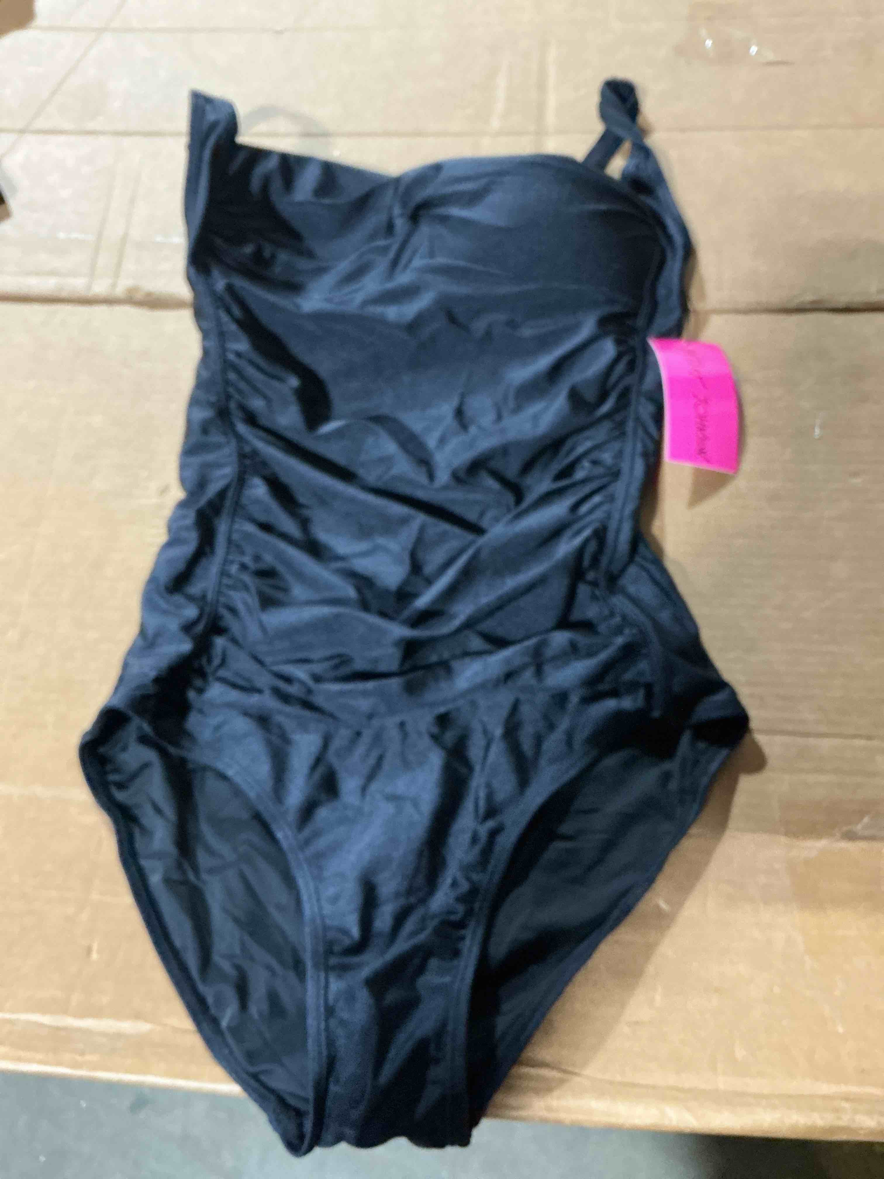 Condition photo showing Good Condition for betsey johnson one piece swimsuit women with built-in bra, tummy control | slimming one-piece swimsuit, built-in bra, tummy control, front ruching, full coverage support, black.