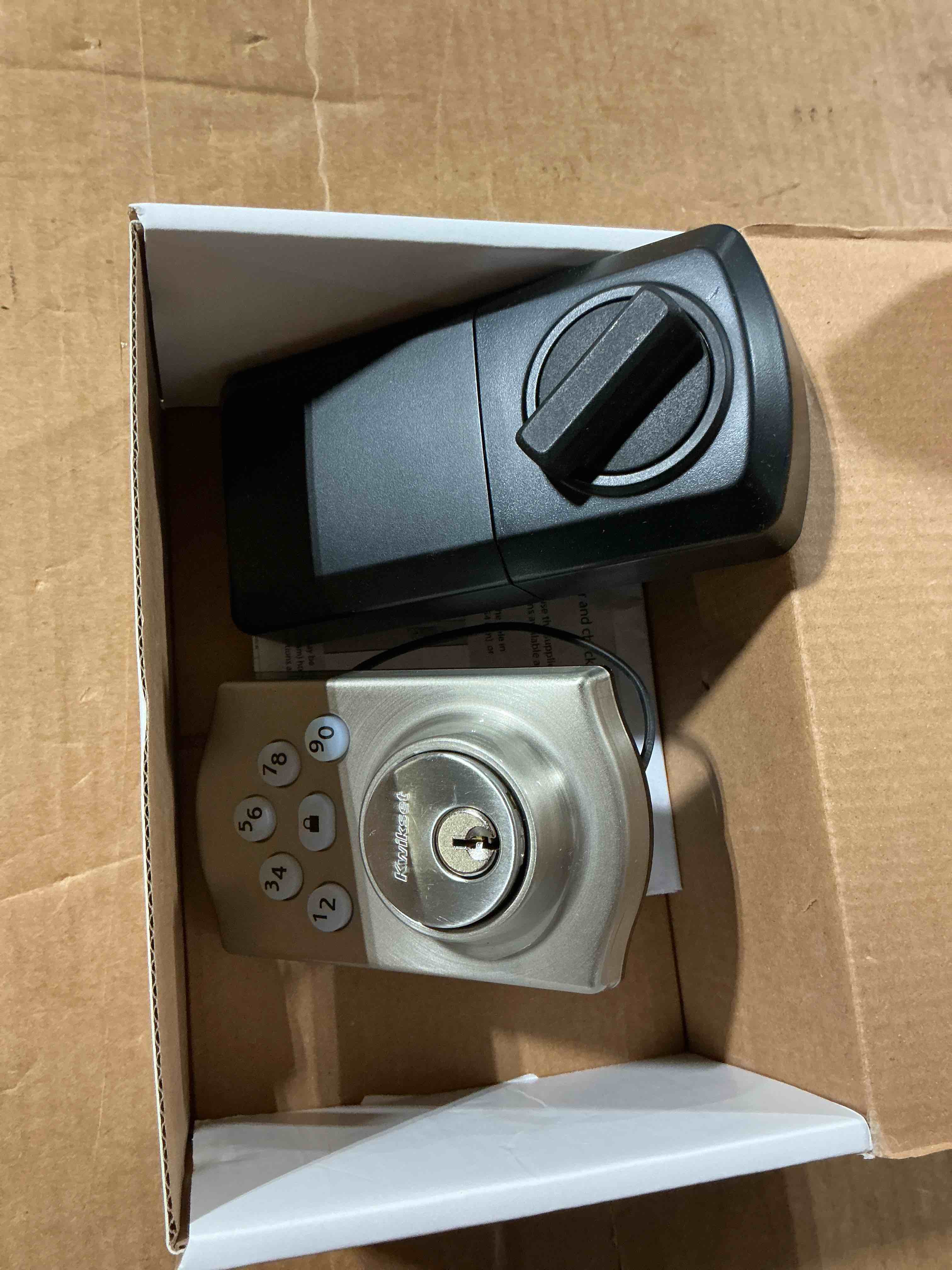 Condition photo showing As Is for kwikset powerbolt 240 5-button keypad satin nickel traditional electronic deadbolt door lock, featuring convenient keyless entry, customizable user codes and auto-locking