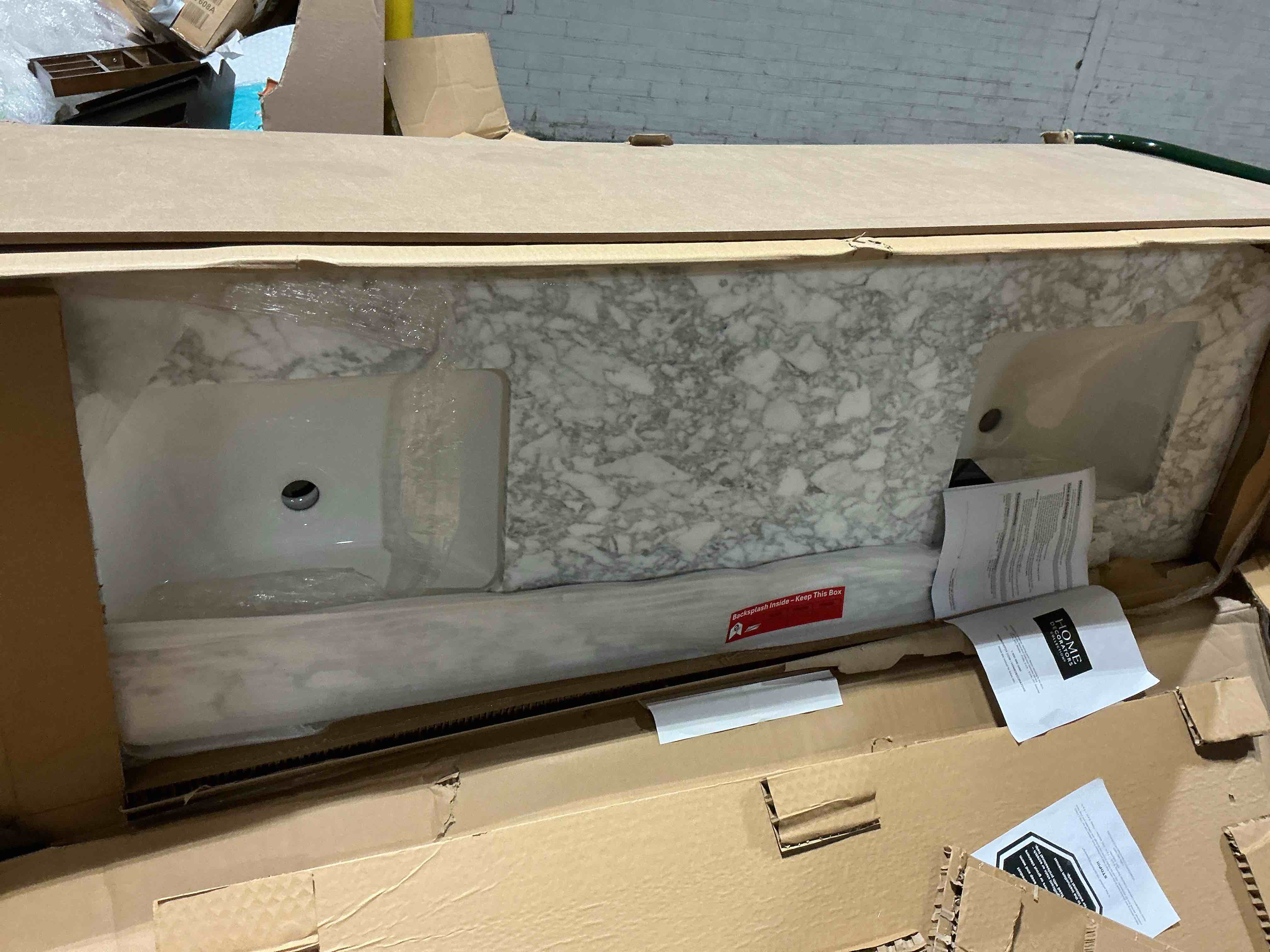 Condition photo showing As Is for collette 72 in. double sink cinnamon oak bath vanity with carrara white marble top (assembled)