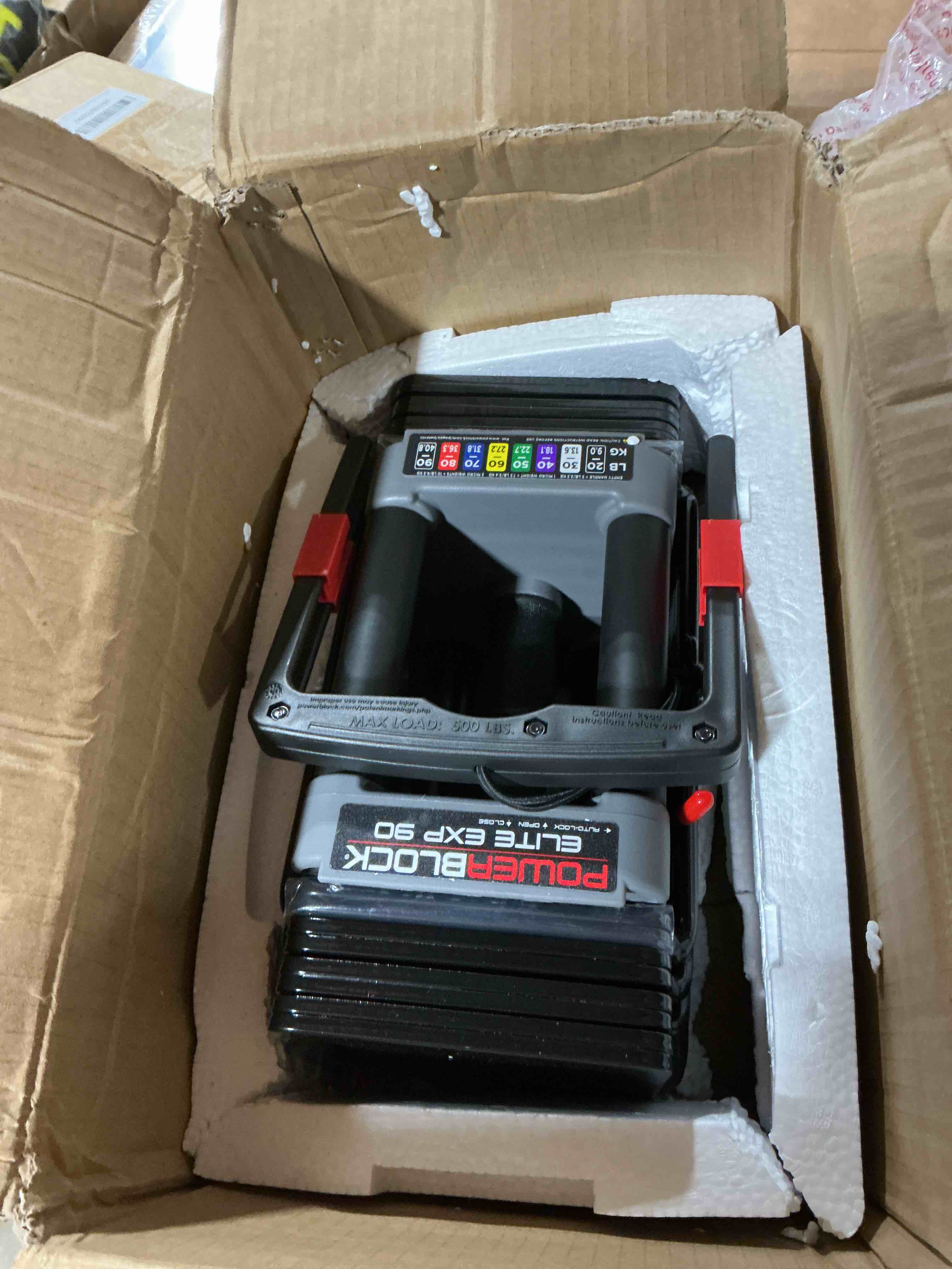 Condition photo showing Good Condition for incomplete only one box. powerblock elite exp adjustable dumbbells, sold in pairs, stage 1, 5-50 lb. dumbbells, durable steel build, innovative workout equipment, all-in-one dumbbells, expandable with expansion kits