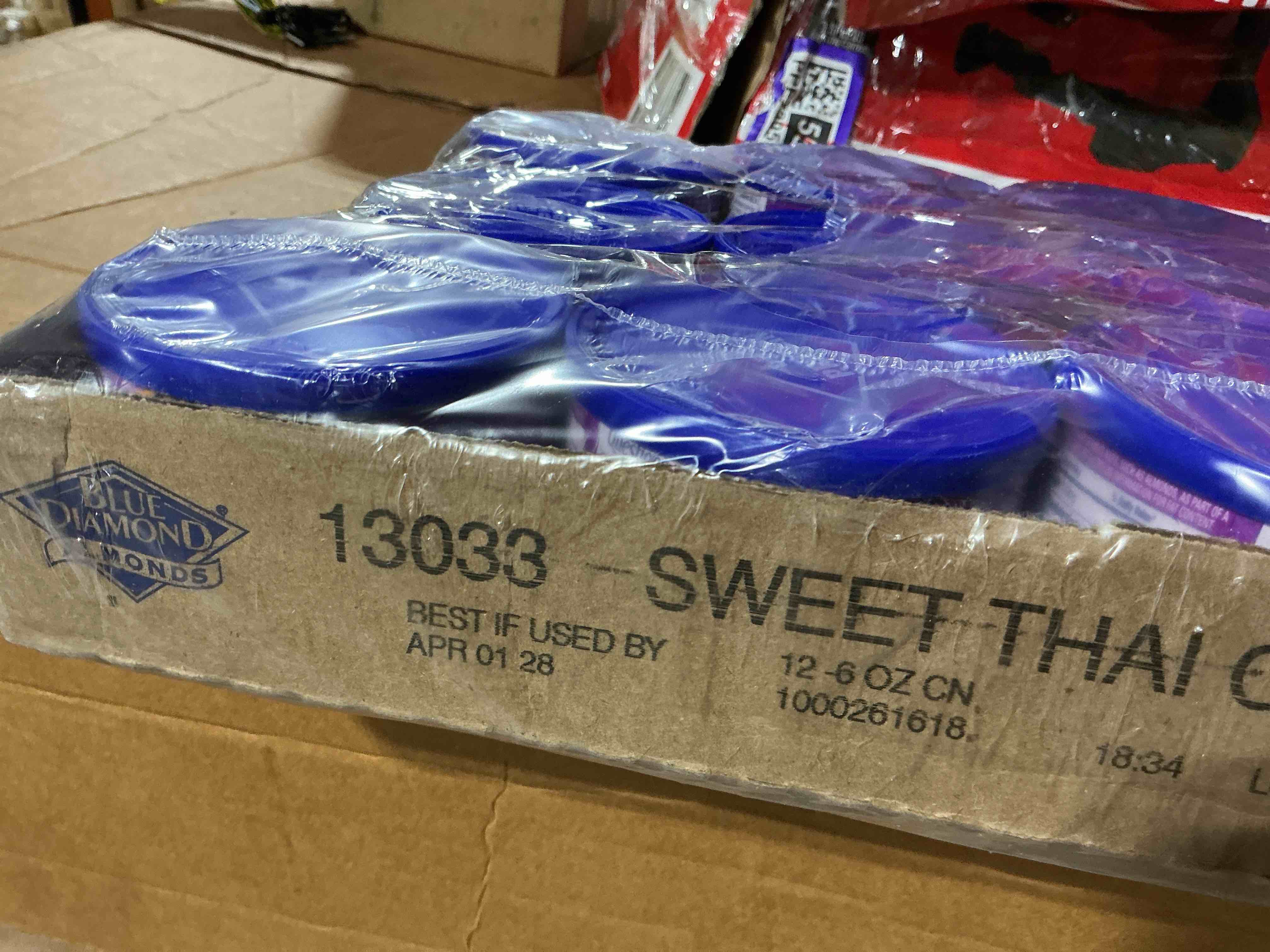 Condition photo showing Good Condition for bb april 2028. blue diamond almonds sweet thai chili flavored snack nuts, 6 oz resealable cans (pack of 12)