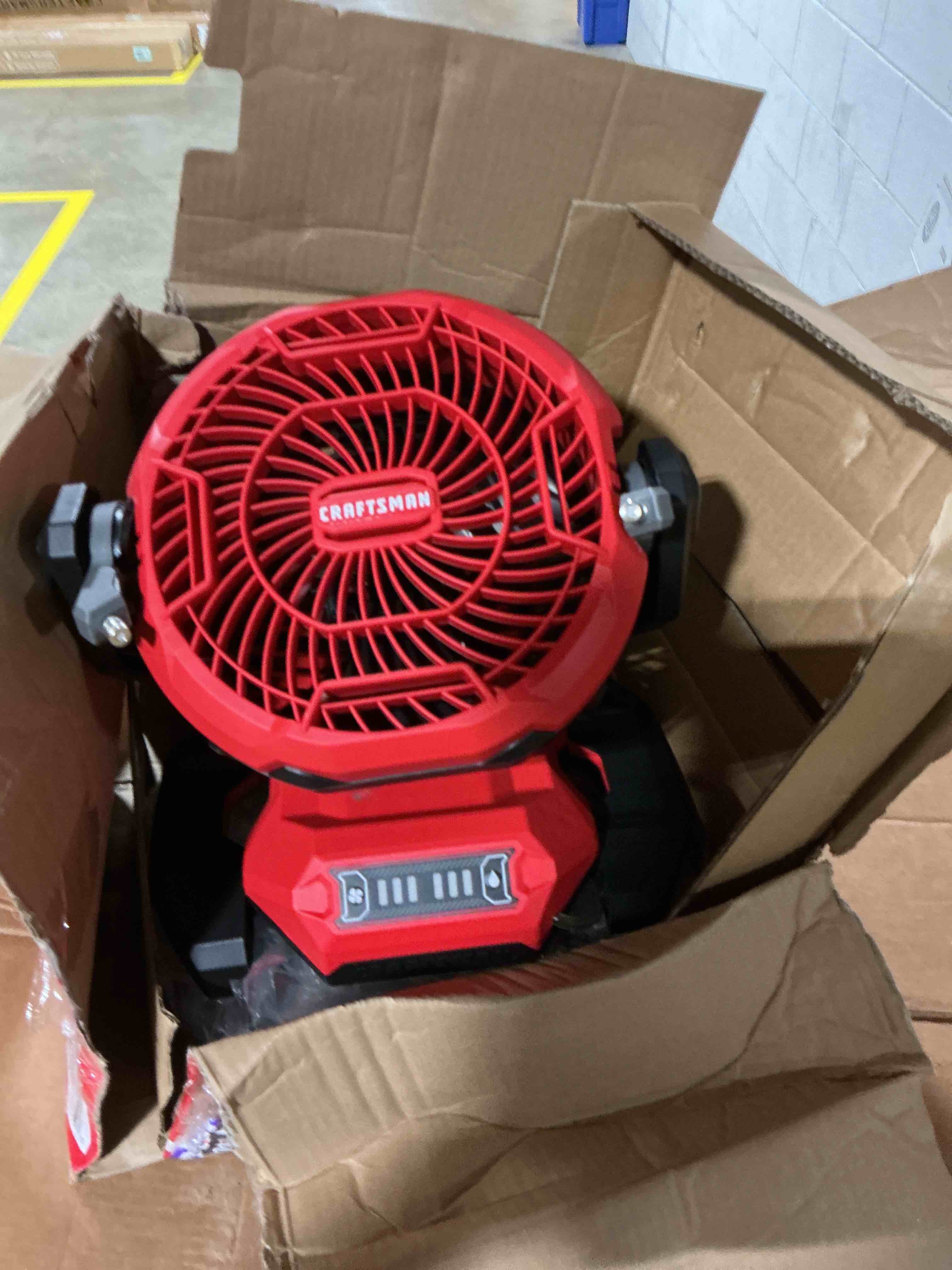 Condition photo showing As Is for craftsman 7.5-in 20-volt 3-speed outdoor red misting personal fan