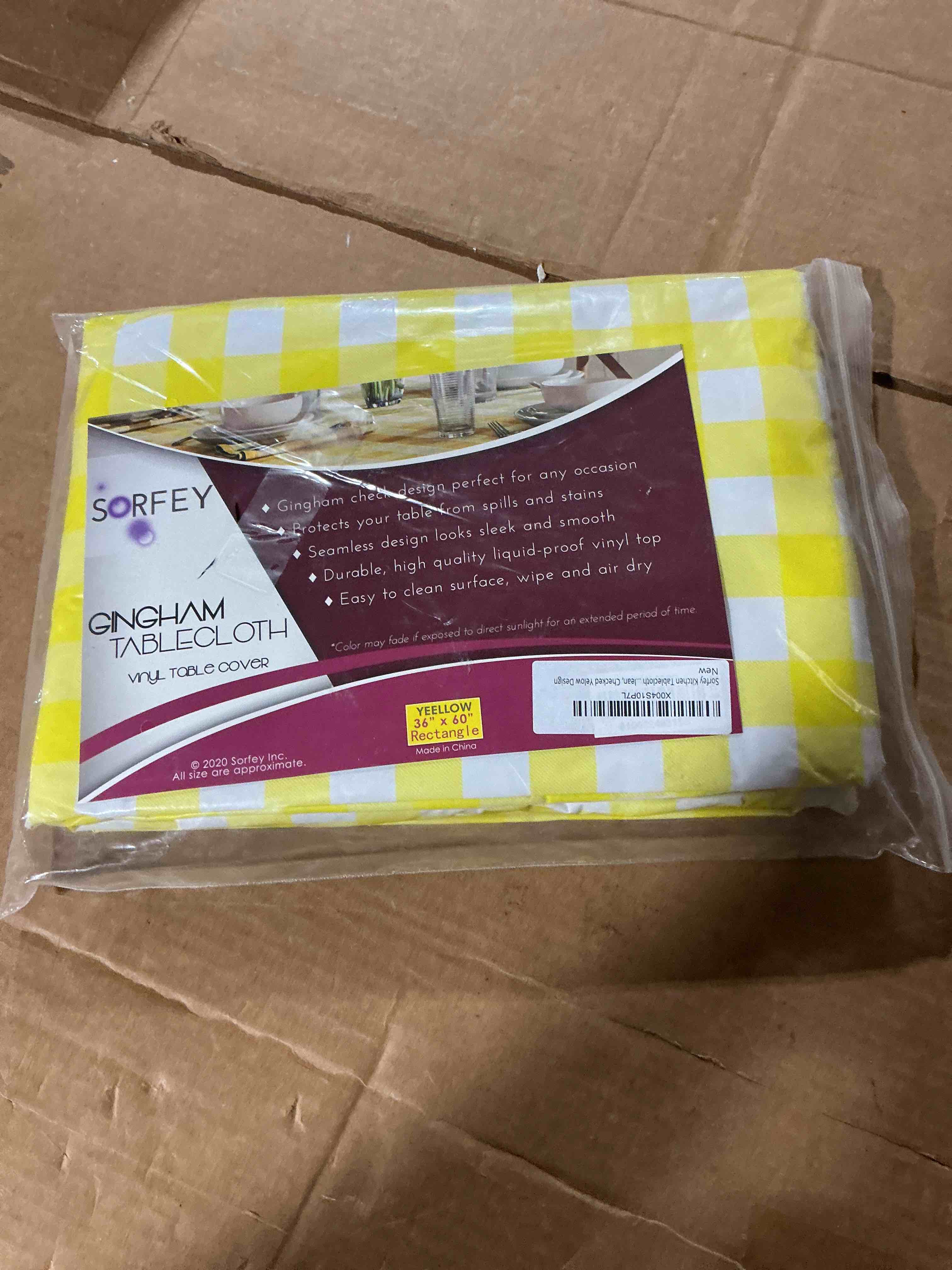 Condition photo showing As Is for kitchen tablecloth -fitted with elastic, vinyl with flannel back, fits for table 36" w x 60" l rectangle,water proof, easy to clean, checked yelow design