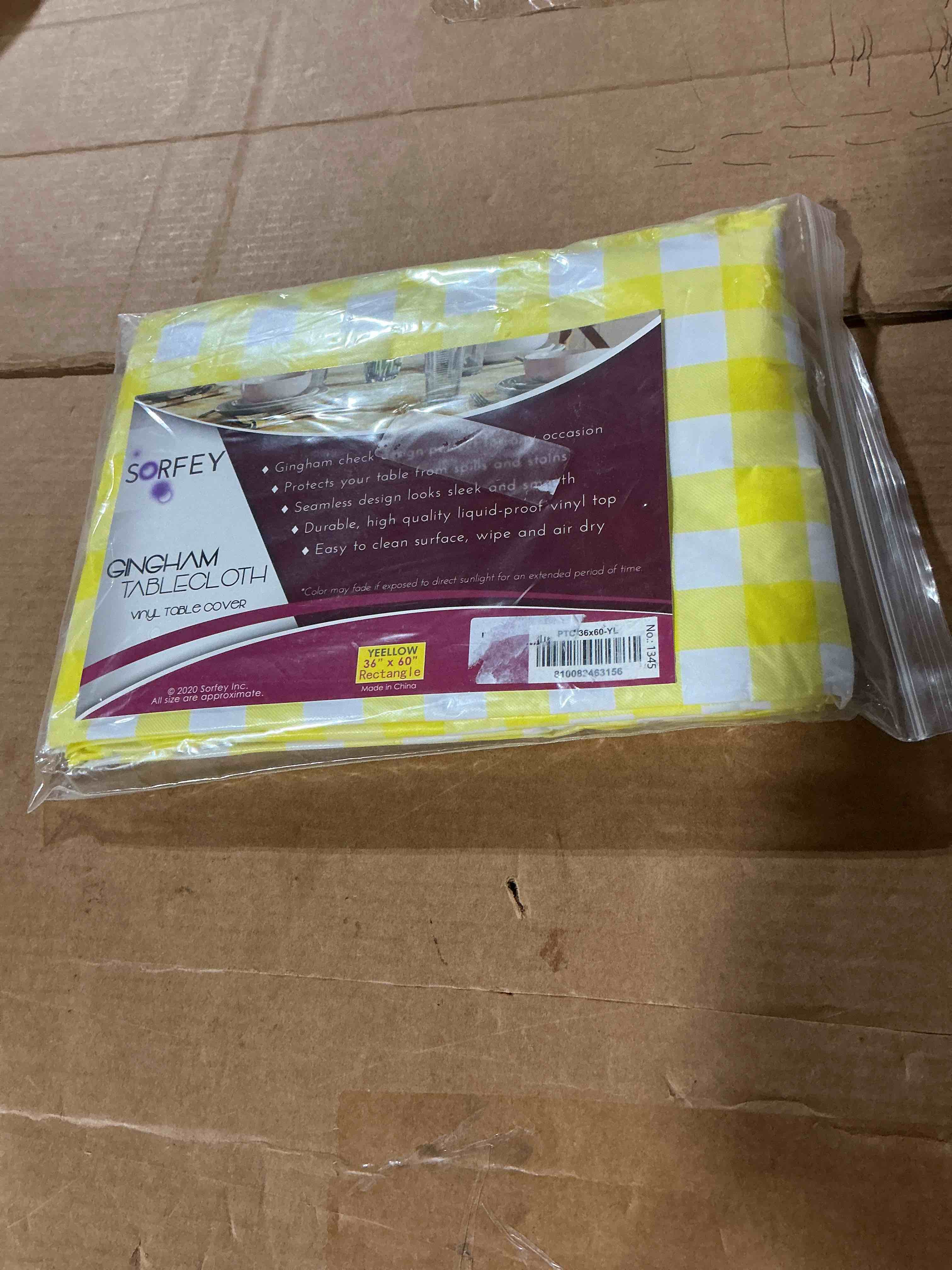 Condition photo showing New/Like New for kitchen tablecloth -fitted with elastic, vinyl with flannel back, fits for table 36" w x 60" l rectangle,water proof, easy to clean, checked yelow design