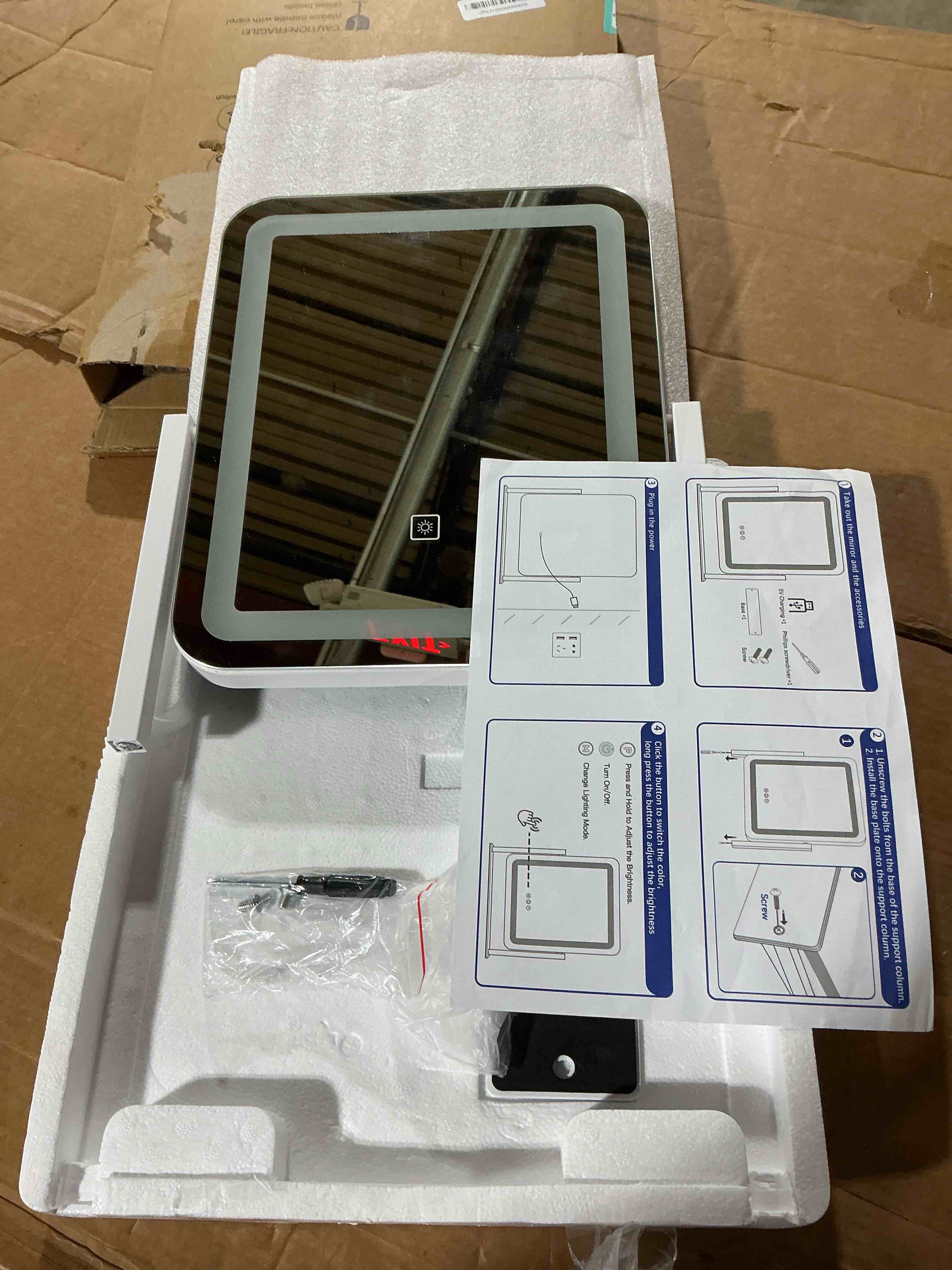 Condition photo showing As Is for fennio vanity mirror with lights - 15"x12.6" led lighted makeup mirror, large makeup mirror with lights, touch screen with 3-color lighting, dimmable, for vanity desk tabletop, bedroom white 15"l x 12.6"w