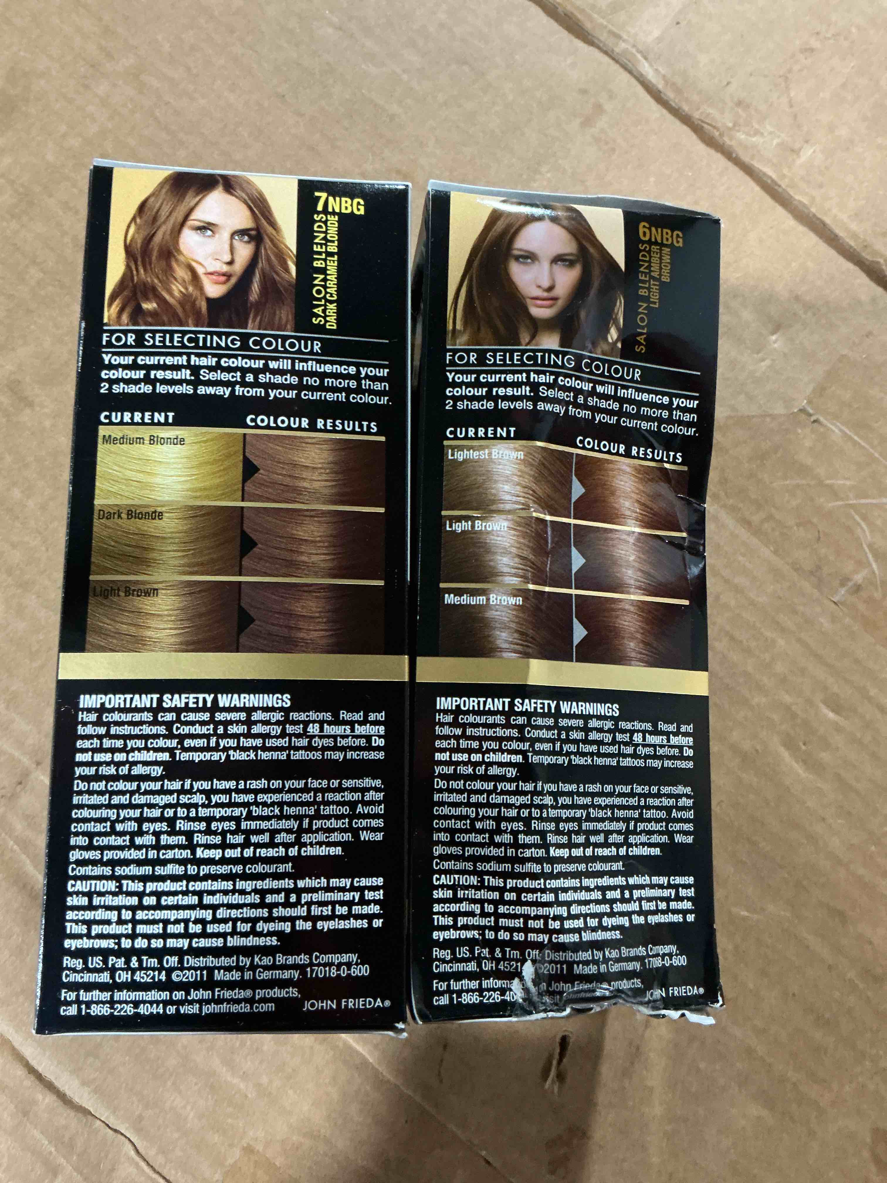 Condition photo showing New/Like New for 2-pack john frieda 6 nbg light amber brown and 7 nbg dark caramel blonde