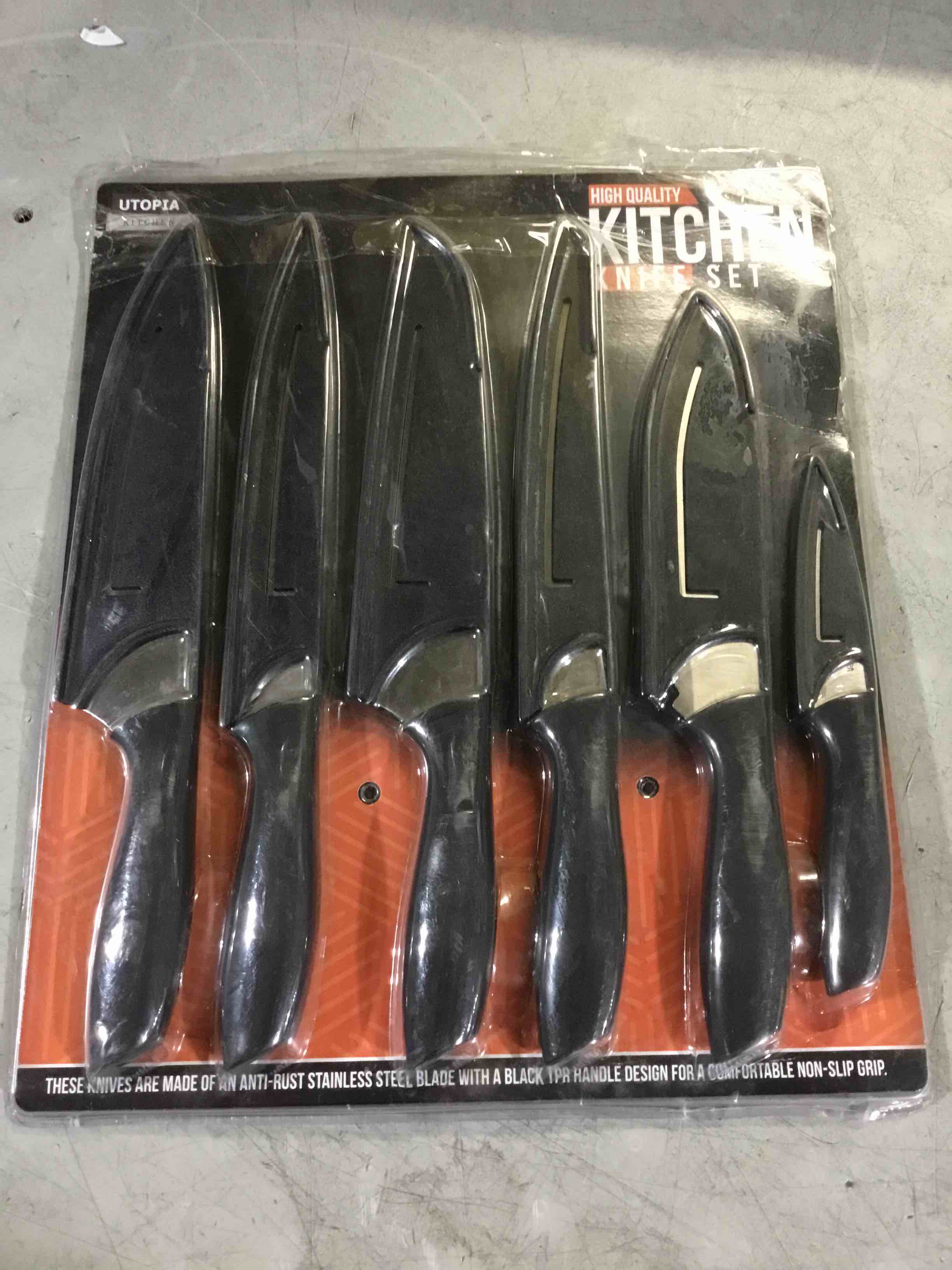 Condition photo showing New/Like New for (SIMILAR IMAGE)Utopia Kitchen-Piece Cooking Knife Black Set with Silver Blades-Rust Resistant Stainless Steel Material with Non-Stick Coating-Rubber Handle -Multipurpose Kriffe Set