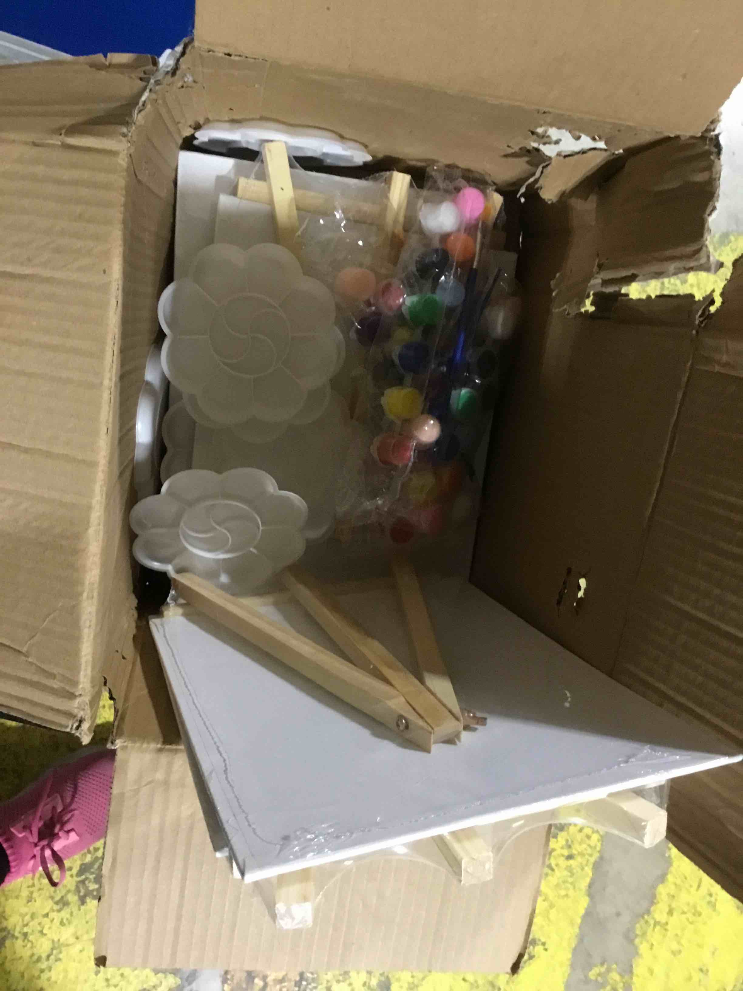 Condition photo showing As Is for 10 Set Acrylic Paint Canvas Set – 8x10 Inch Mini Canvas Painting Kit with 10 Wood Easels, 20 Brushes, 12 Paint Sticks, 10 Palettes – Art Supplies for Kids & Beginners, Ideal for Parties & DIY Painting 8 x 10inch