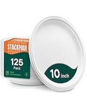 Stack Man 100% Compostable Paper Plates 10 Inch Bulk [100 Count] Heavy-Duty Dinner Plates - Natural White Color Unbleached Bagasse - Eco-F