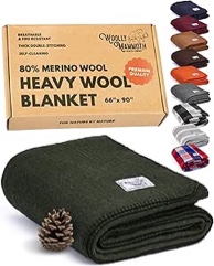 color black woolly mammoth woolen company wool blanket - (84 x 48 in ), moss, 80% merino wool - camping blankets for cold weather - double-stitched durability for overlanding, hunting, emergency kits, bushcraft