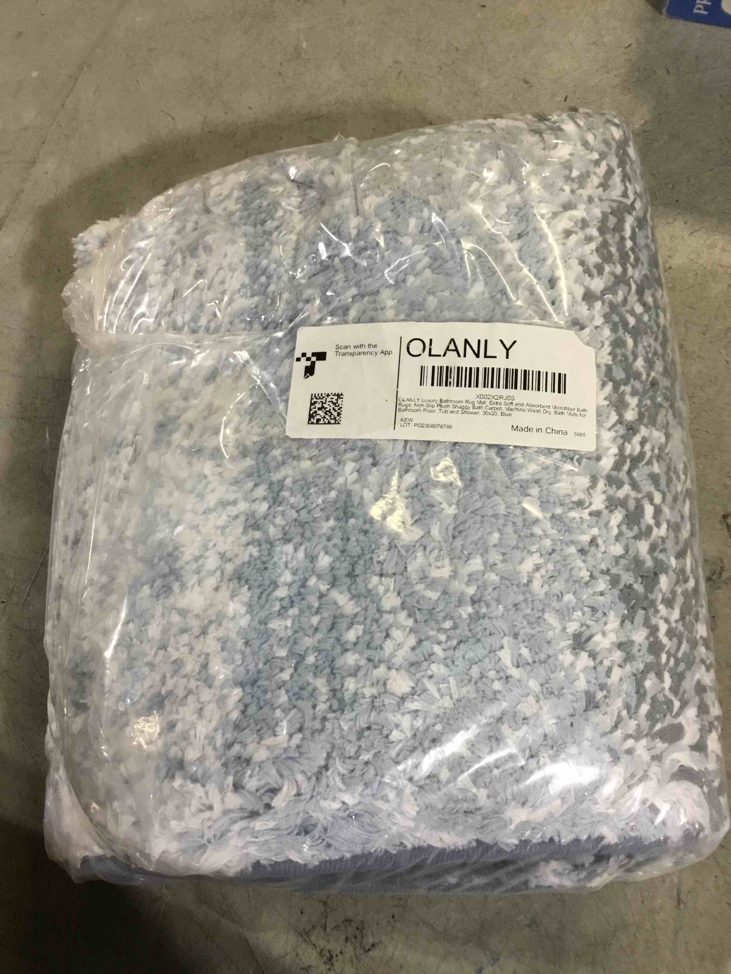 Condition photo showing New/Like New for OLANLY Bathroom Rug Mat 30x20, Extra Soft and Absorbent Microfiber Bath Rugs, Non-Slip Plush Shaggy Bath Carpet, Machine Wash Dry, Bath Mats for Bathroom Floor, Tub and Shower, Blue 30" x 20" Blue