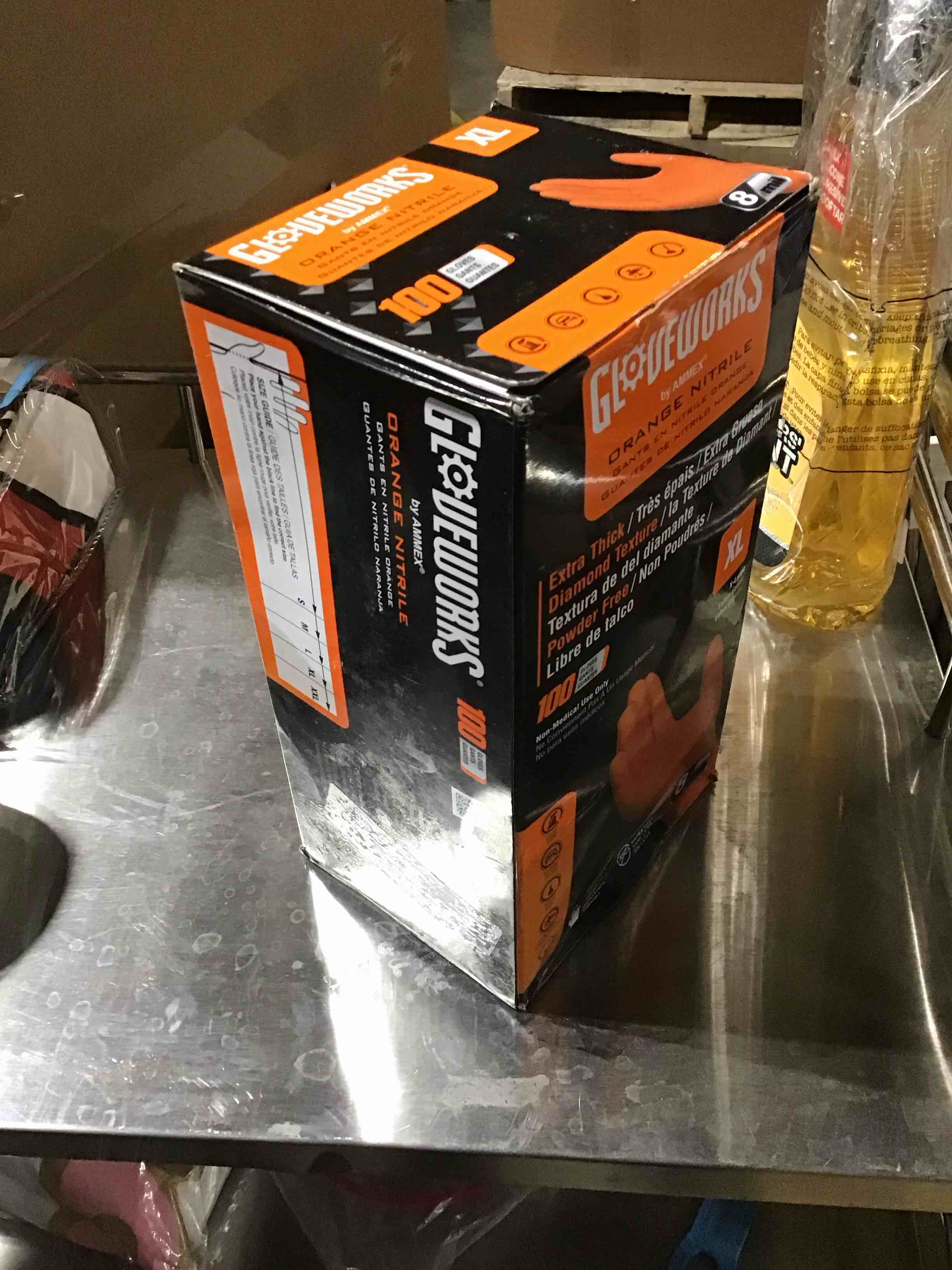 Condition photo showing New/Like New for GLOVEWORKS HD Orange Nitrile Gloves, 8 Mil, Disposable, Raised Diamond Texture, Mechanic Gloves X-Large (Pack of 100) Box of 100