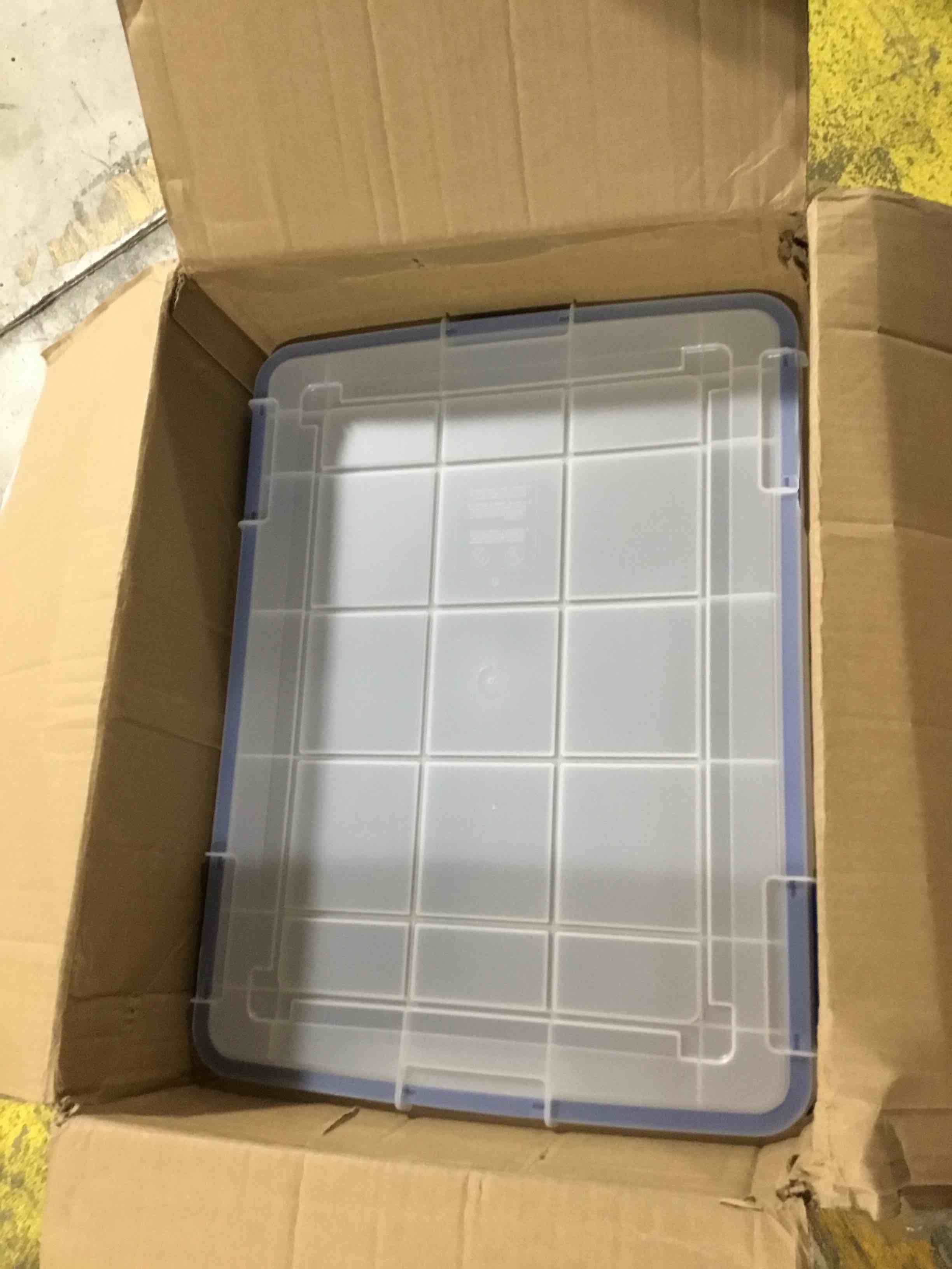 Condition photo showing As Is for IRIS USA WeatherPro 60 Qt Storage Bins with Lids, 1 Pack, BPA-Free Plastic Gasket Box with Tight Latch and Seal, Stackable Nestable Tote Tub - Clear/Blue 60 Qt. - 1 Pack