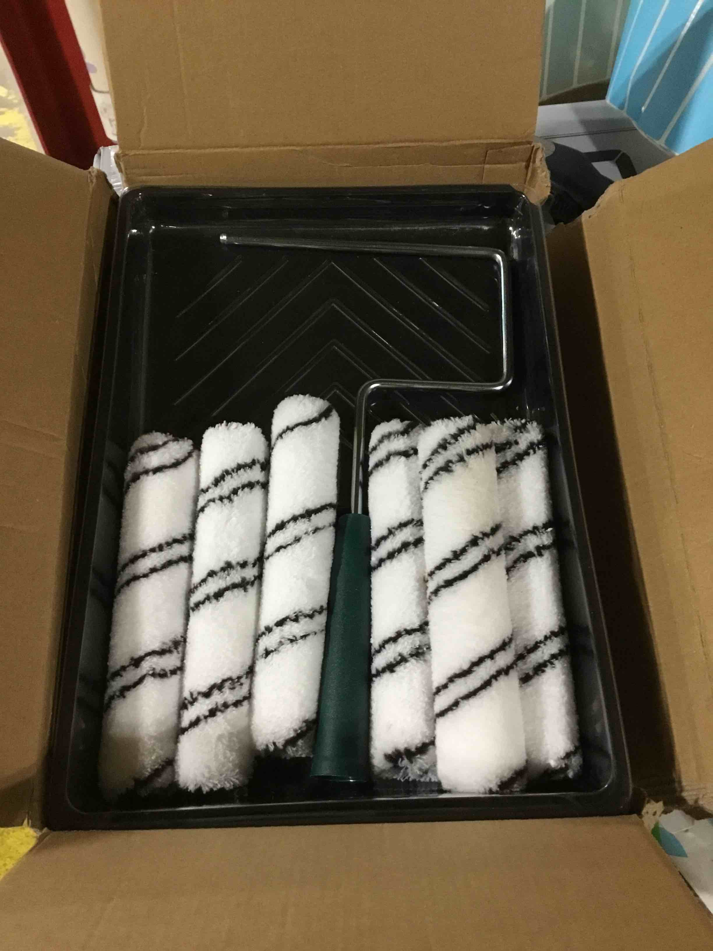 Condition photo showing Good Condition for 9 pcs 6 inch microfiber paint roller set, 6 pcs premium microfiber rollers with sturdy roller frame, paint tray and tray liner, smooth finish for walls, ceilings, furniture 6 inch paint roller kit, 9 pack