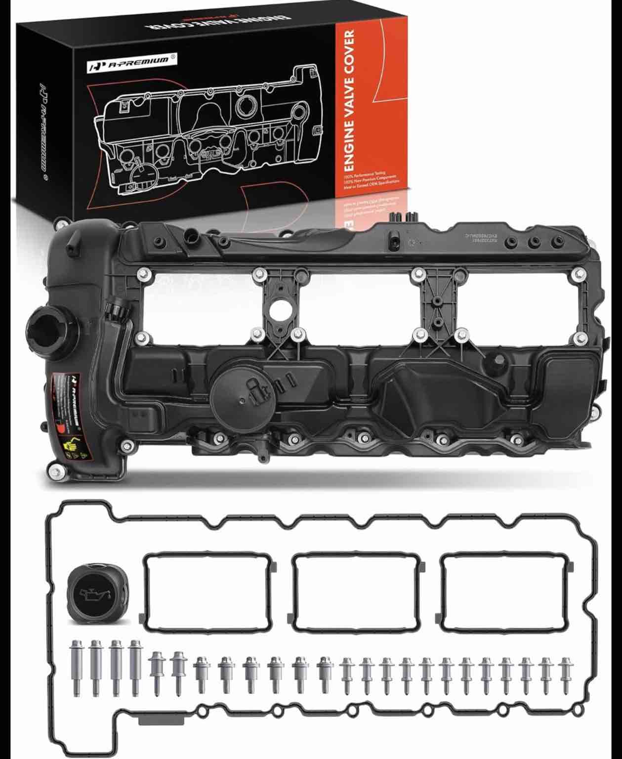 A-Premium N55 Engine Valve Cover Kit with Gasket & Bolt & Oil Cap Compatible with 2011-2019 BMW Model - 328i 335i 435i 530i 535i 640i 740i 740Li (xDrive) X3 X5 X6, 3.0L Turbo, Replace # 11127570292 Standard Type (Plastic)