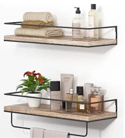 Shario Rustic Wood Floating Shelves - Set of 2, Wall Mounted Hanging Shelves with Black Towel Rack, Decorative Storage Shelves for Bathroom, Kitchen, Living Room & Bedroom (Light Wood, 15.7 Inches)
