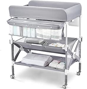 portable baby changing table with wheels, babevy foldable diaper change station with adjustable height, cleaning bucket, diaper changer for newborn infant mobile nursery organizer, kh02-grey