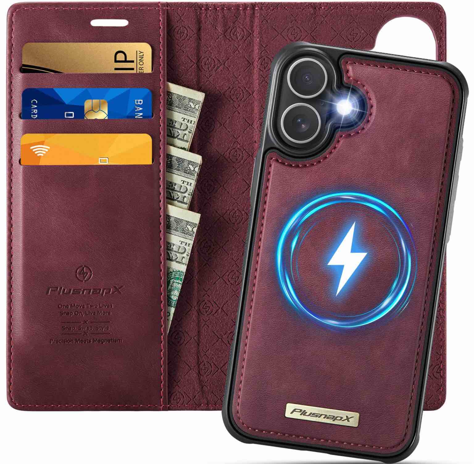 plusnapx wallet case for iphone 16 plus compatible with magsafe, 2-in-1 pu leather flip rfid blocking card holder stand shockproof magnetic detachable case for iphone 16 plus case 6.7", burgundy
