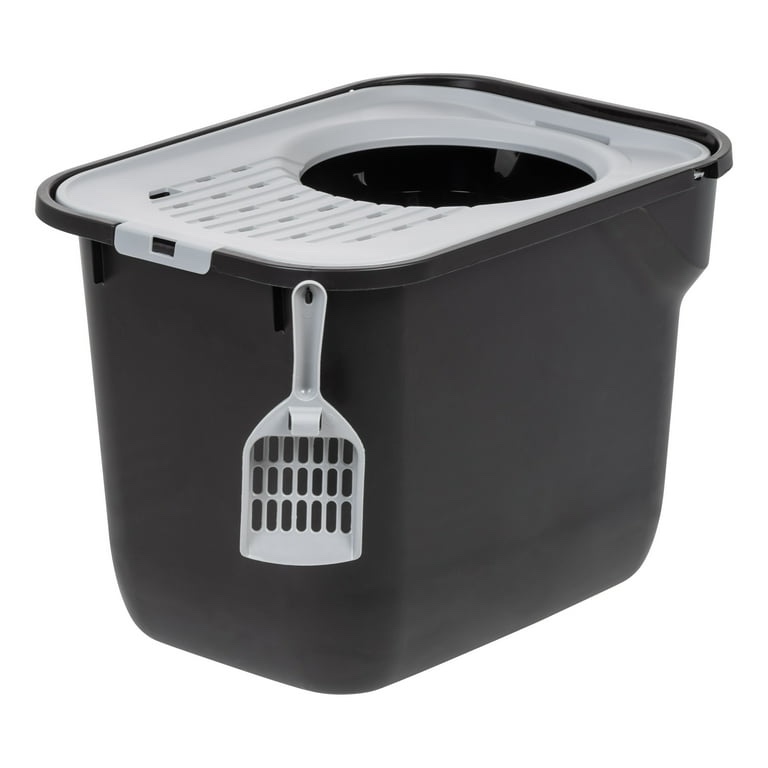 (BROKEN)IRIS USA Square Top Entry Cat Litter Box with Litter Catching Lid, Privacy Walls and Scoop, Black