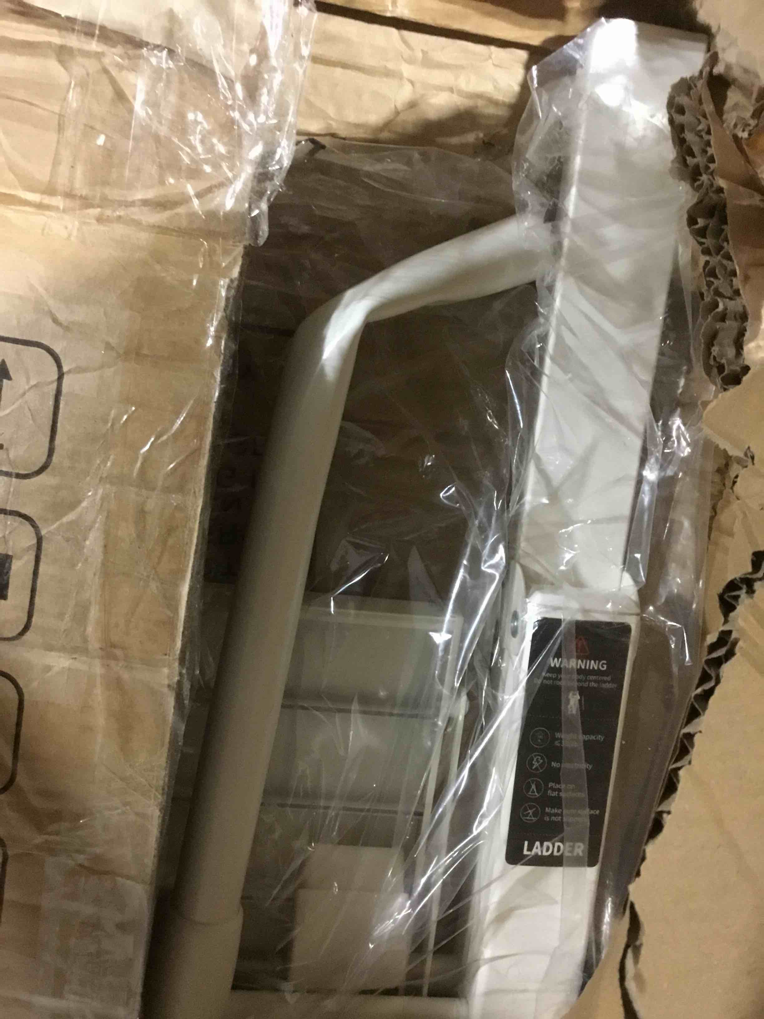 Condition photo showing As Is for (DAMAGED)HillhutApex 4 Step Foldable Aluminum Step Ladder with Handgrip, Anti-Slip Pedal, 330 lbs Capacity, Lightweight & Portable for Home, Kitchen, Office, Garage (White) White 4 Step