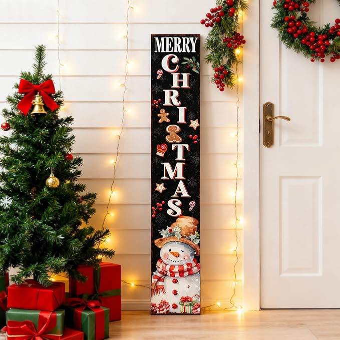 Winter Merry Christmas Welcome Sign for Front Door with Hanging Rope, 47" Farmhouse Cute Vertical Snowman Welcome Sign for front porch, Rustic Large Tall Wooden Porch Leaner Home Outdoor Decor