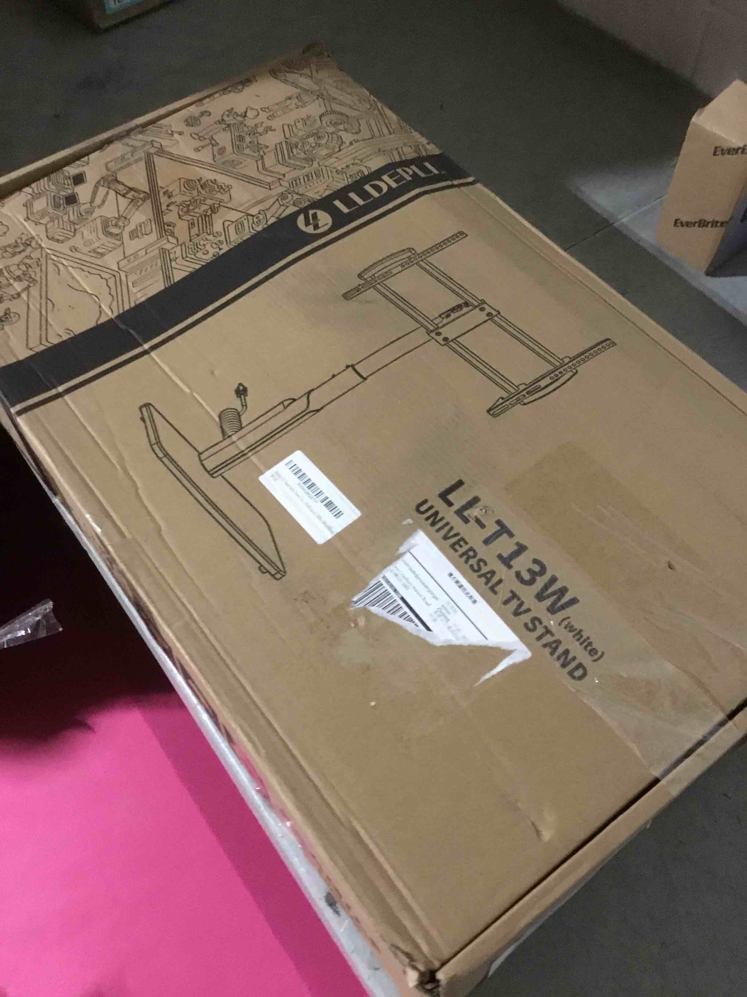 Condition photo showing As Is for Universal TV Stand Tabletop TV Mount with Power Outlet for 50-90 Inch OLED LED Monitors, 9 Levels Height Adjustment, Ambient Lighting on The Bottom Holds up to 150lbs, White Max Vesa 600x400mm