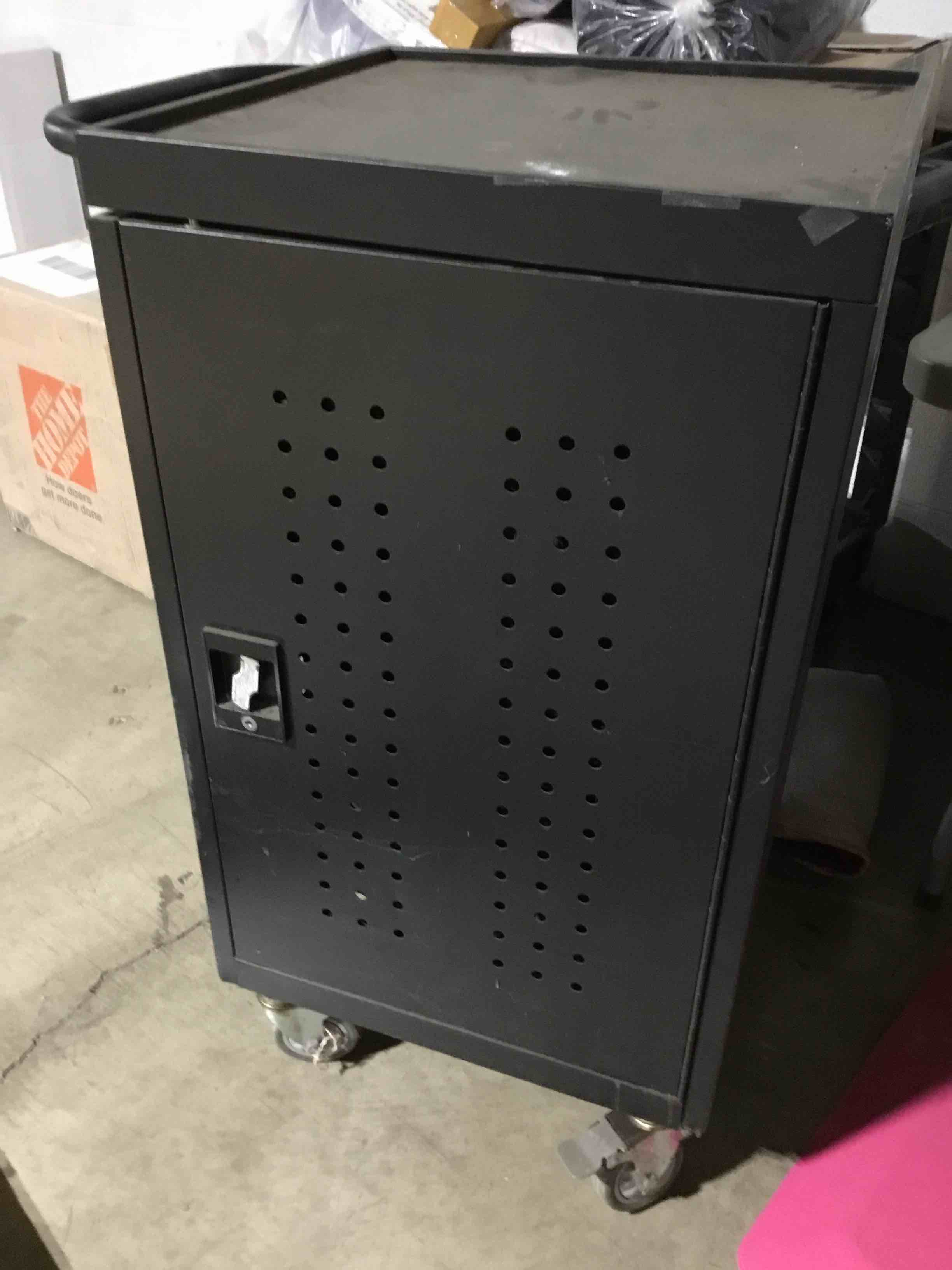 Condition photo showing As Is for USB-C® Charging Cart, Charges up to 30-Devices, Pre-Wired 45W Power, Secure Laptop & Tablet Charging Cart with Locking Cabinet, Mobile Storage, Cable Management, Durable Steel, Black