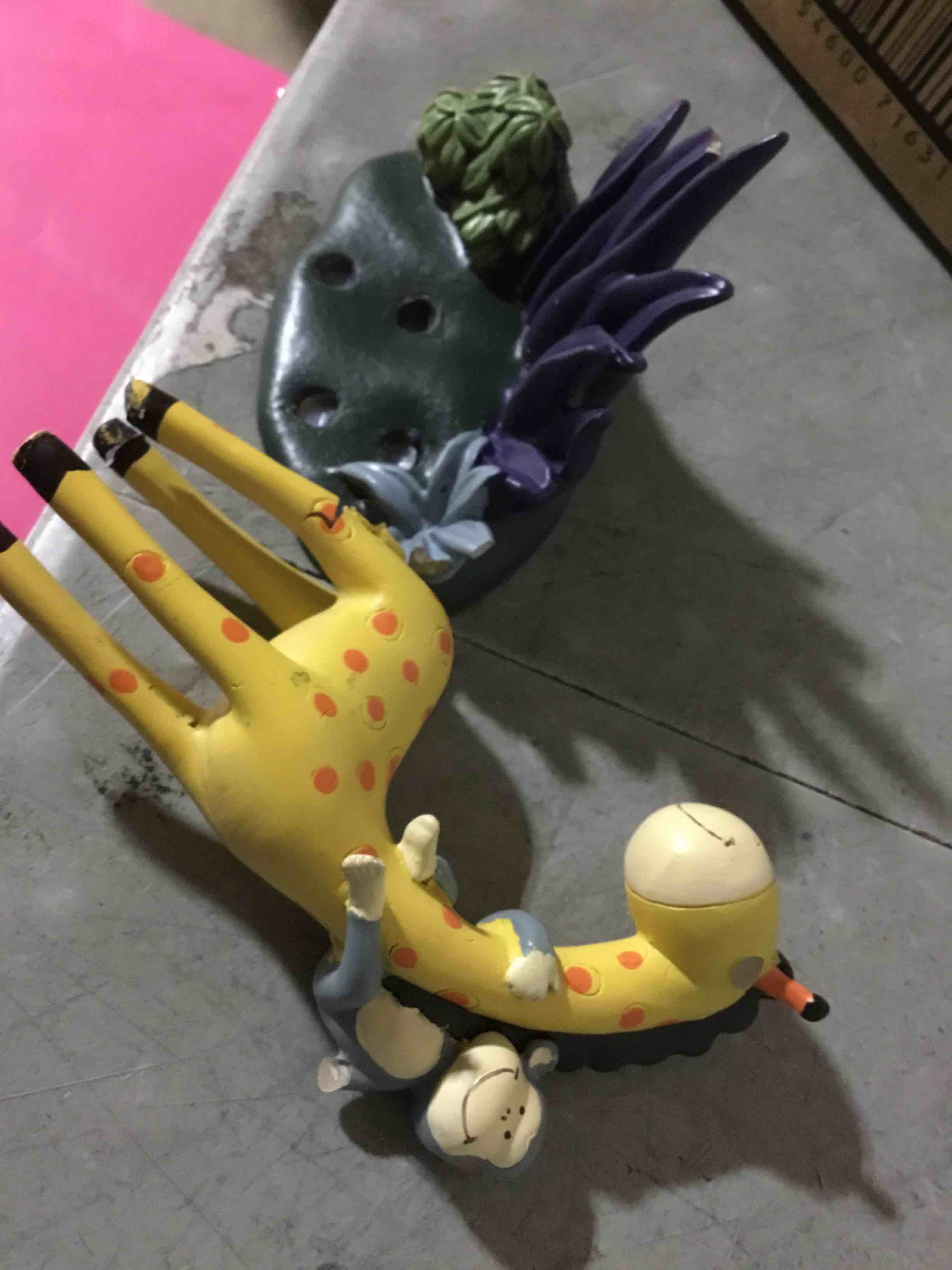 Condition photo showing As Is for (BROKEN)Fantasy Fields - Sunny Safari Animals Thematic Kids Table Lamp, for Girls & Boys Rooms with Printed Zebra Lampshade & Sculpted Monkey, Giraffe, & Tiger Base, Jungle Lamp for Nurseries & Baby Rooms