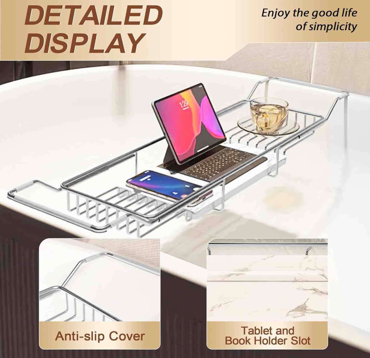 bvl bathtub tray stainless steel with marble base chrome bathtub tray with black marble base adjustable & rustproof bath caddy for spa, relaxation, bath bombs